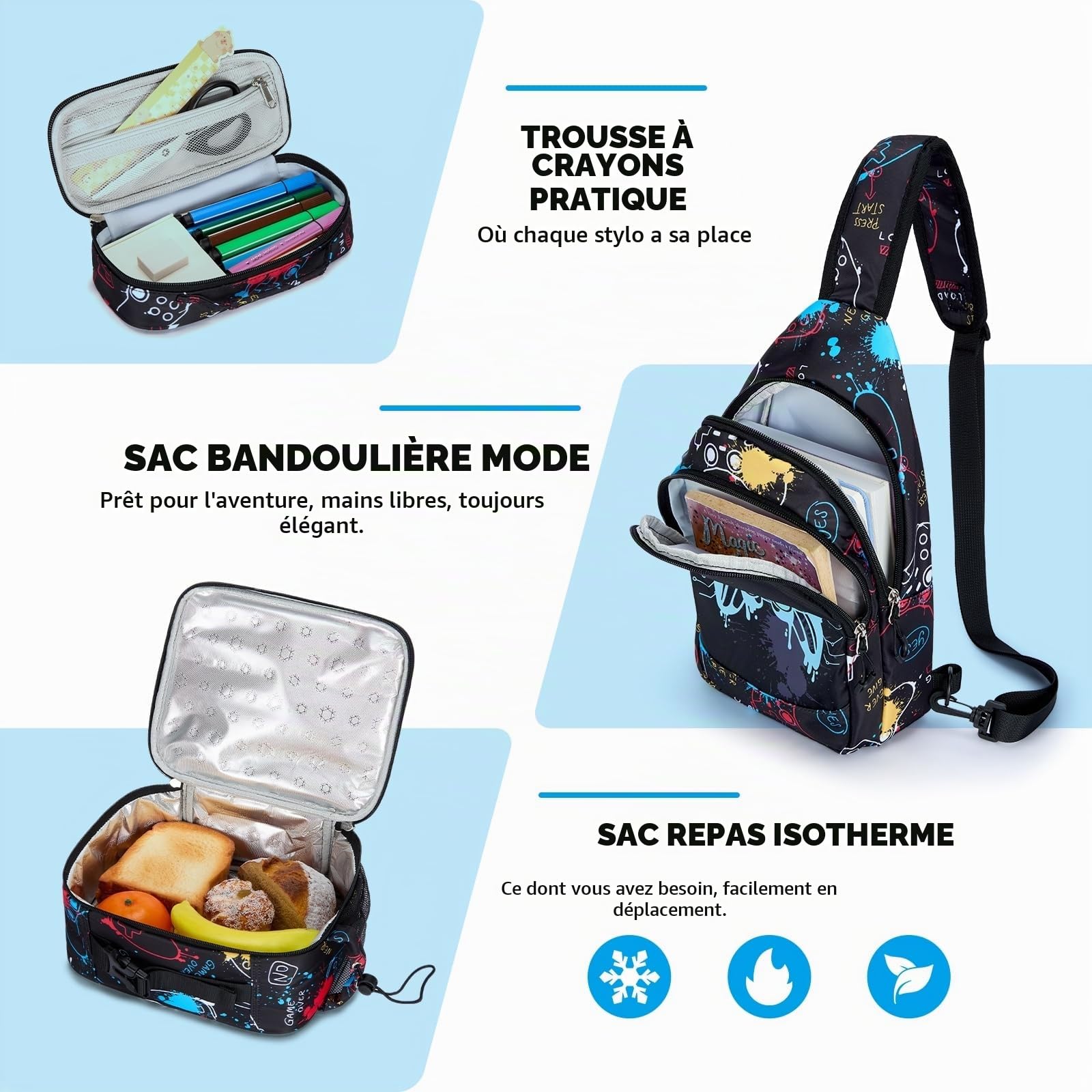 Amythe Cartable Garçon Primaire et Collège, Lot de 4 pièces Léger