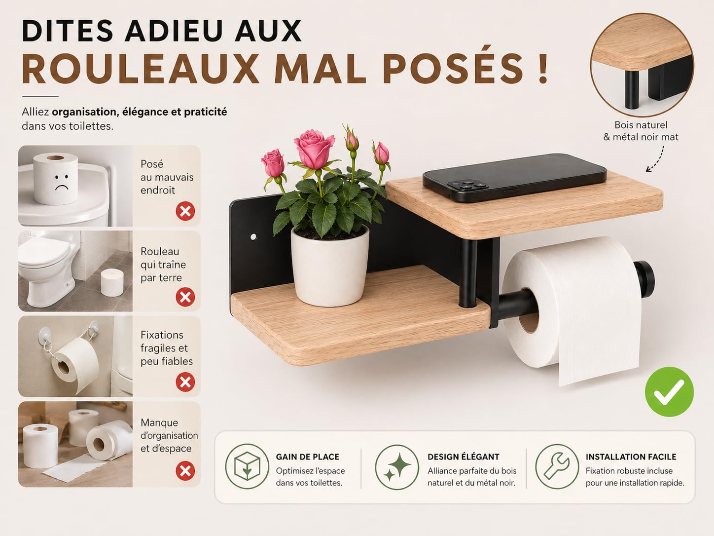 Porte Papier Toilette Mural de qualité supérieure en Bois de chêne Véritable et Acier Inoxydable | [sans Perçage] | Design Moderne | Déja Assemblé | Dérouleur WC avec Doubles Étagères