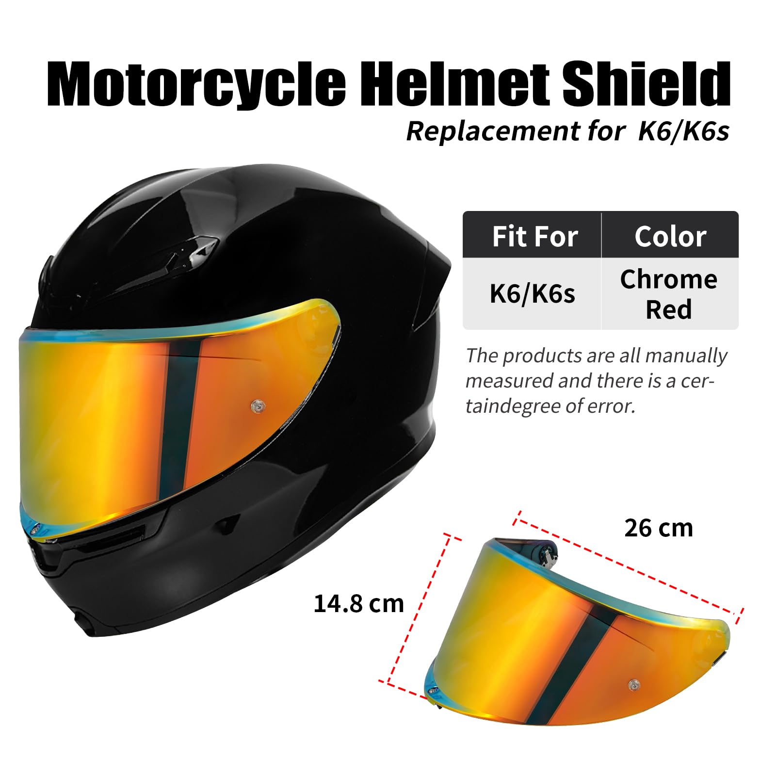 Motorradhelm Visier,Motorrad Windschutzscheibe Helm Visier für K6/K6s,Helm Visier mit Anti-Beschlag-Nagelbefestigung,Helmlinsenvisier Motorradhelm Zube（Chrom Rot）