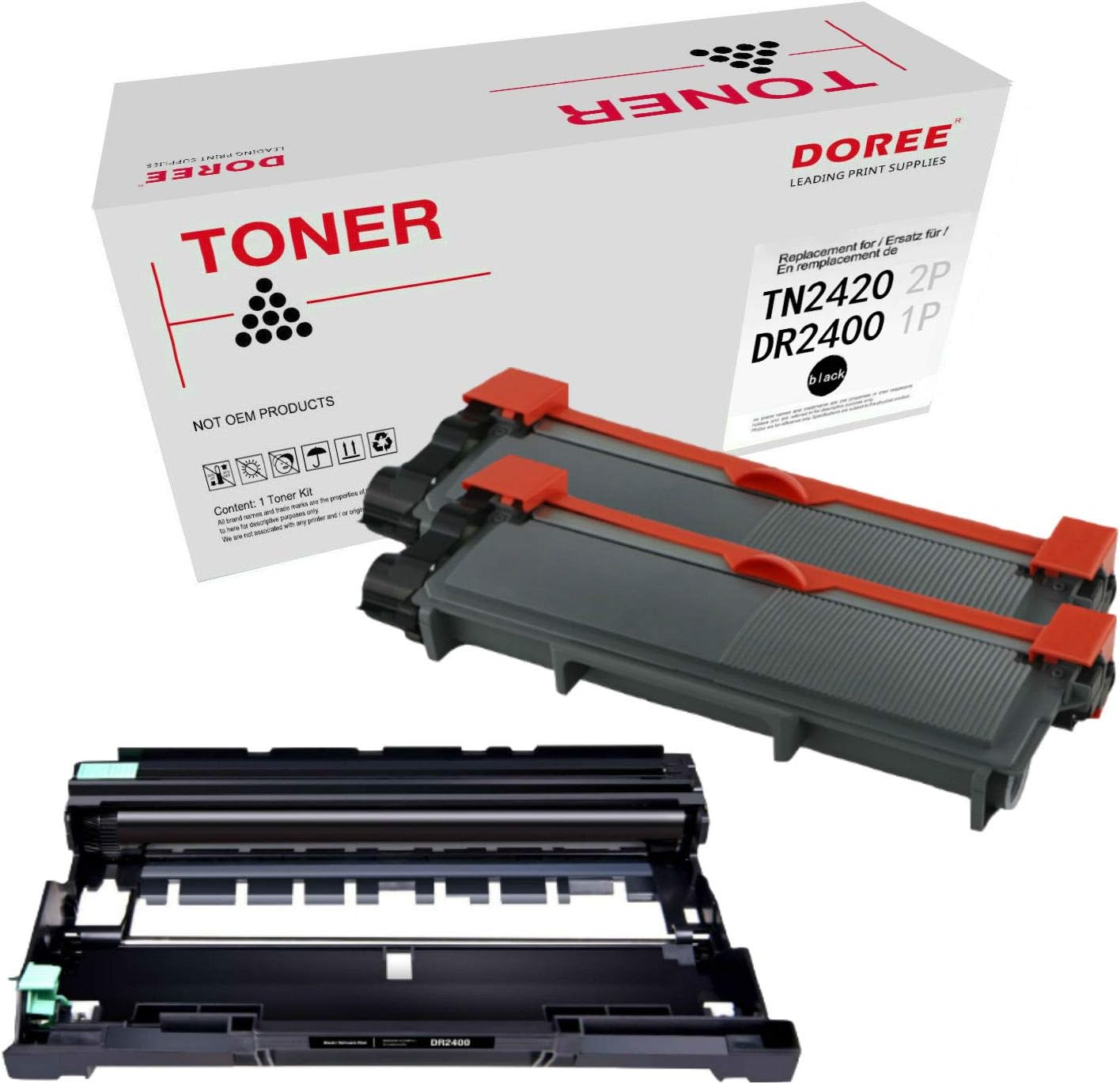 DOREE 2 TN2410 TN2420 toners and 1 DR2400 drum unit, compatible for Brother HL-L2310D HL-L2350DN HL-L2370DN HL-L2375DW DCP-L2510D DCP-L2530DW;MFC-L2710DN MFC-L2730DW MFC-L2750D, black, with chip