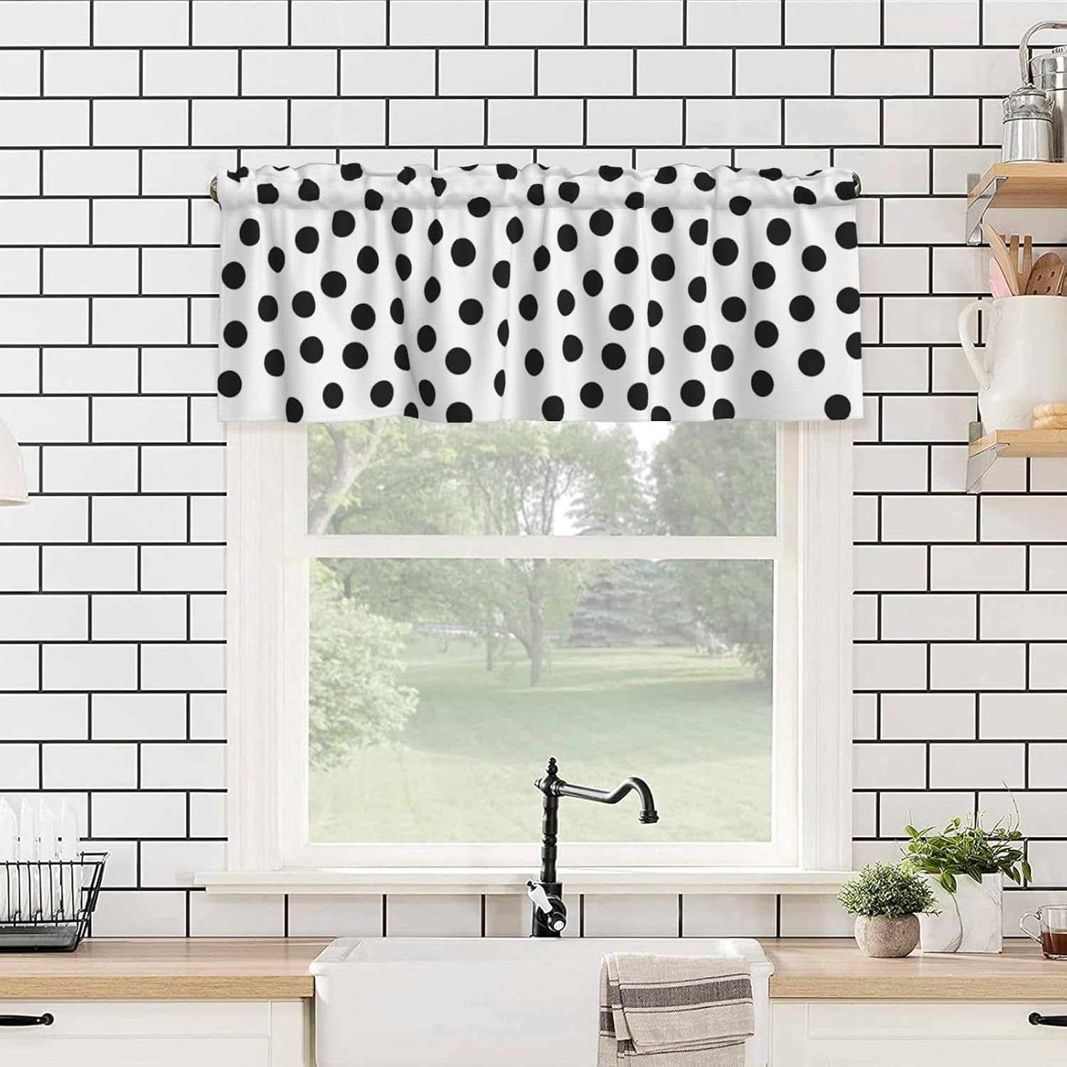 Valance for Windows Black and White Polka Dots Kitchen Curtains Valances Rod Pocket Window Treatment Short Topper Curtains 1 Panel, 54x18inch