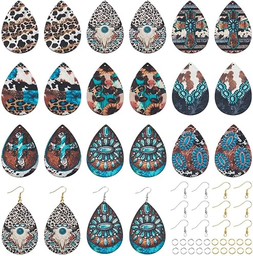 KISSITTY Kit de fabricación de aretes de madera, 36 piezas de lágrima con cruz de vaca y leopardo, dijes de madera impresos con 80 ganchos para