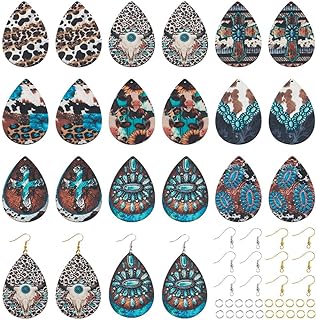 Elecrelive Teardrop Wood Earring Making Kit 36pcs Western Style Printed Earring Charms Big Boho Vintage Wood Pendants with Cowhead Turquoise Cross Pattern for DIY Jewelry Making