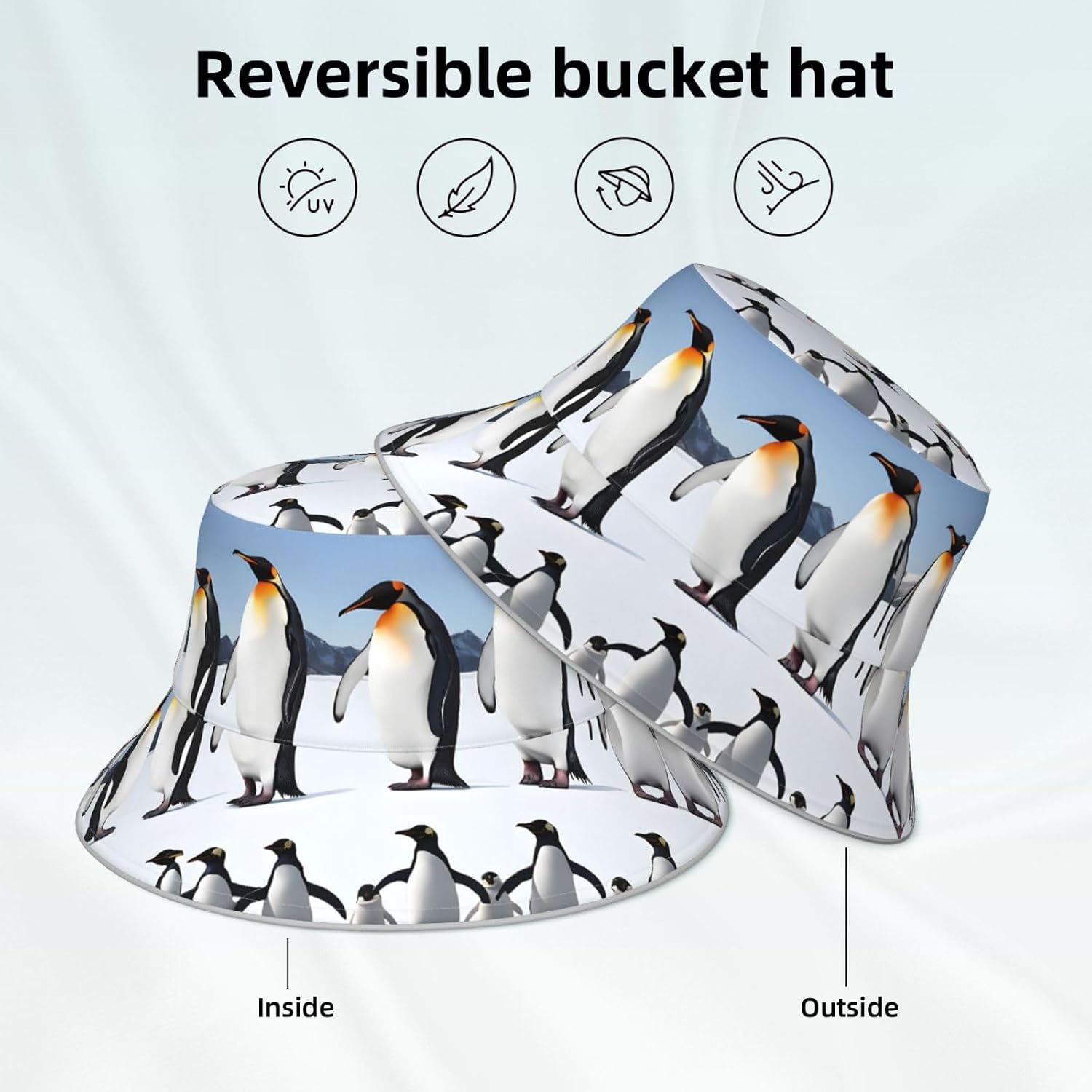 (Penguins) Reflective Reversible Bucket Hat Foldable Breathable Stylish Two-Way Wear for Outdoor Travel Daily Activities Black