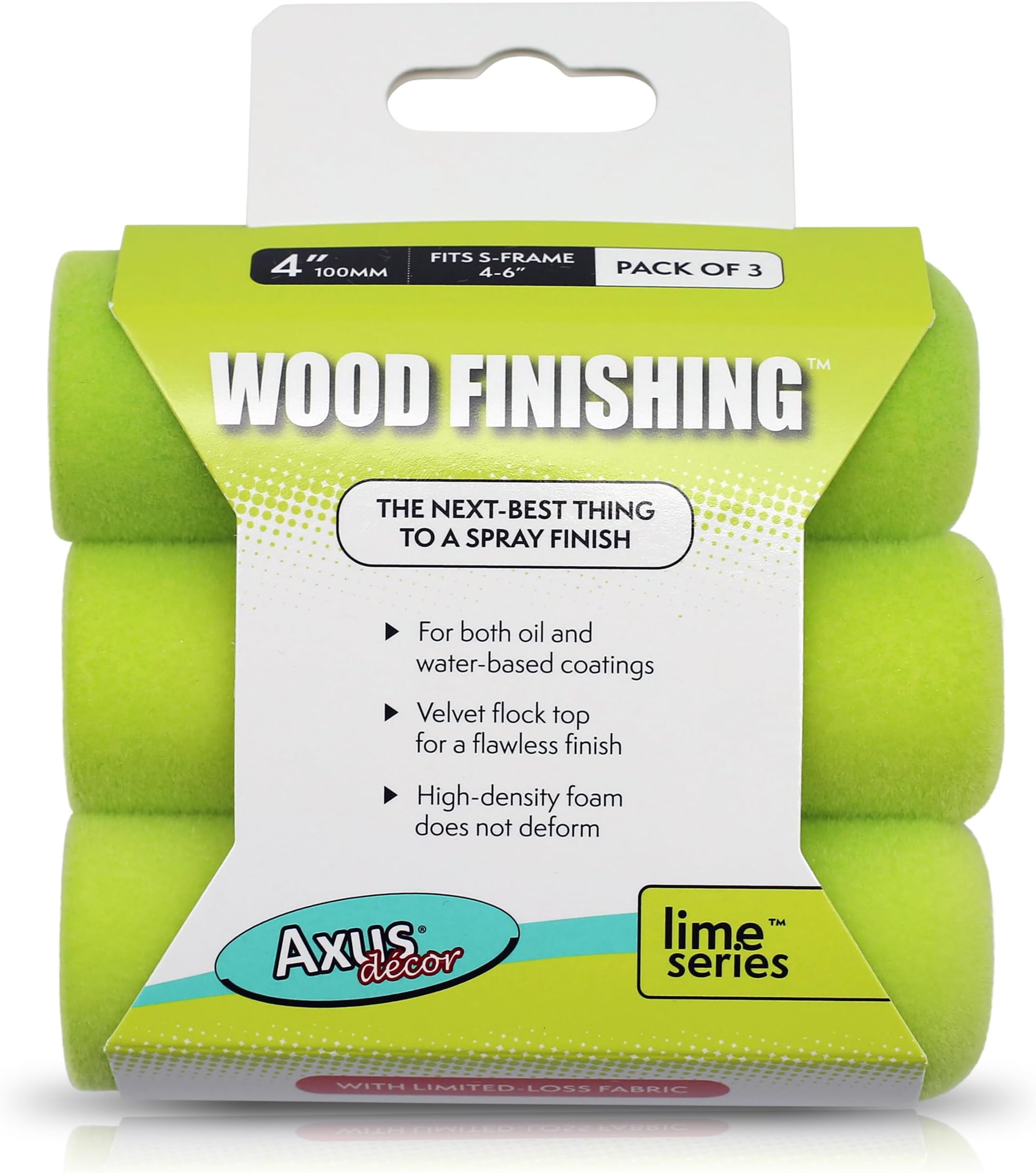 Axus Decor Wood Finish Roller Sleeve โ 4 Inch/100mm, Pack of 3 - Mini Roller Sleeves, High Quality Foam, for Professional & DIY Projects, Compatible with Solvent & Water Based Paints, Lime