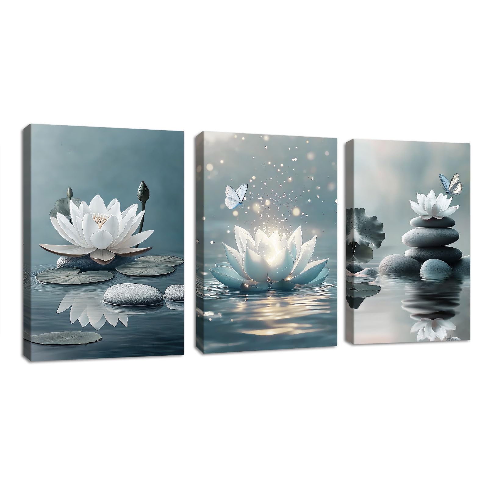 3Pcs Blue Grey Zen Canvas Wall Art, White Lotus Flowers Butterfly Meditation Spiritual Wall Paintings White Lotus Blooming on Stones in Lake Wall Pictures Room Decor for Yoga Spa Room Decor 50x70cmx3