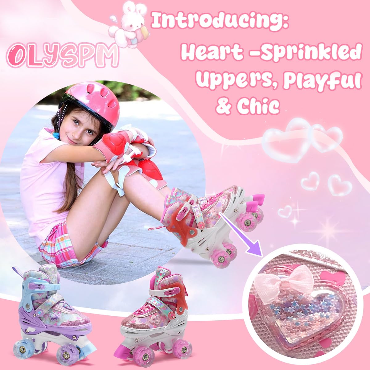 Patin a Roulette Fille,Rollers Enfant Fille avec Motif Intégral de Cœurs Rêveurs & 8 Roues Lumineuses,4 Tailles Réglables,Idée Cadeau Anniversaire Noël
