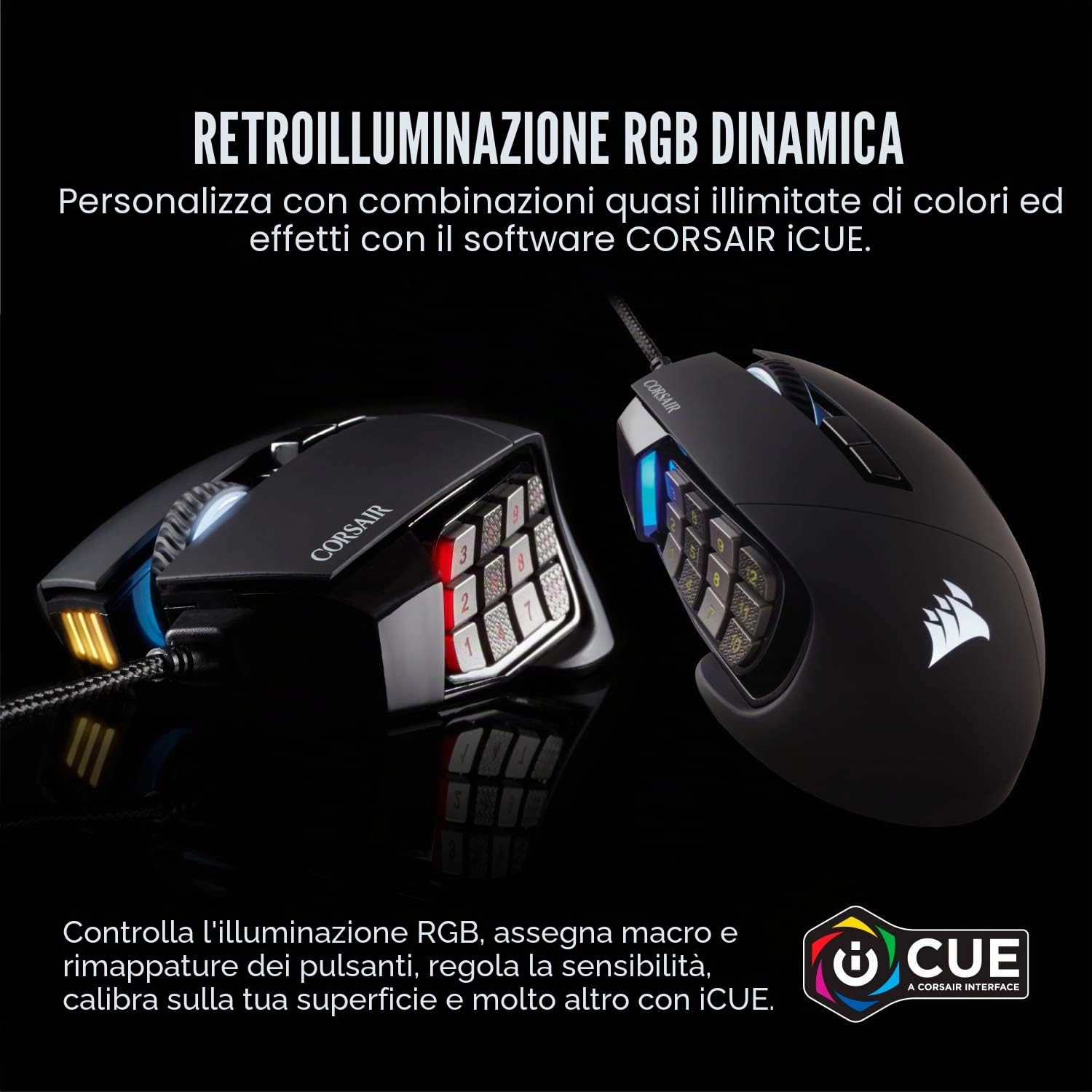 Corsair Scimitar RGB Elite - Mouse da gioco MOBA/MMO, nero, retroilluminato, LED RGB, 18000 DPI, ottico