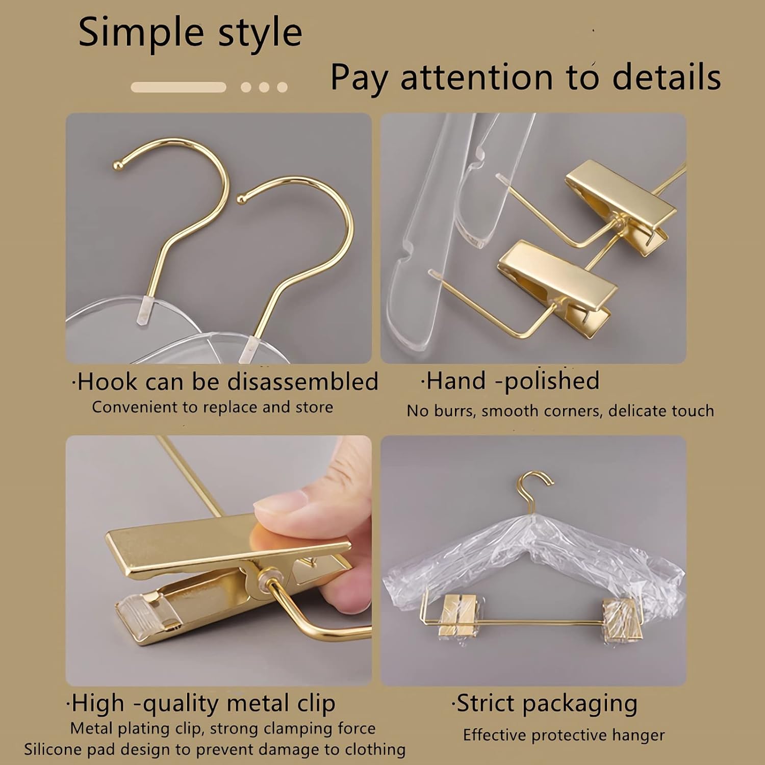Acrylic's Transparent Clothing Hanger Clothing Store Wedding Dress Display Light Luxury Standard Hanger with Gold Hooks and Clips 8 pcs