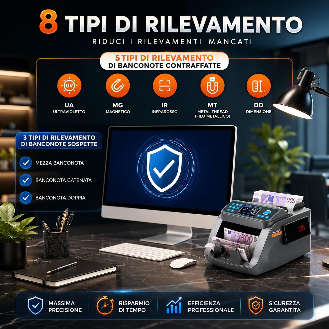 Macchina Contabanconote Professionale Multivaluta Euro Dollari Contatore Misto con Rilevatore Banconote False UV MG Doppio Display LCD Conteggio 1000 Banconote/min
