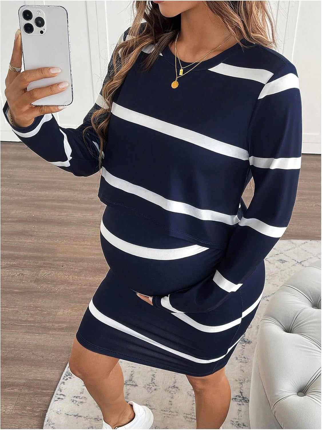 MakeMeChic Women's Maternity Dresses Set 2 Piece Outfits Striped Crew Neck T Shirt and Cami Dress Lounge Sets