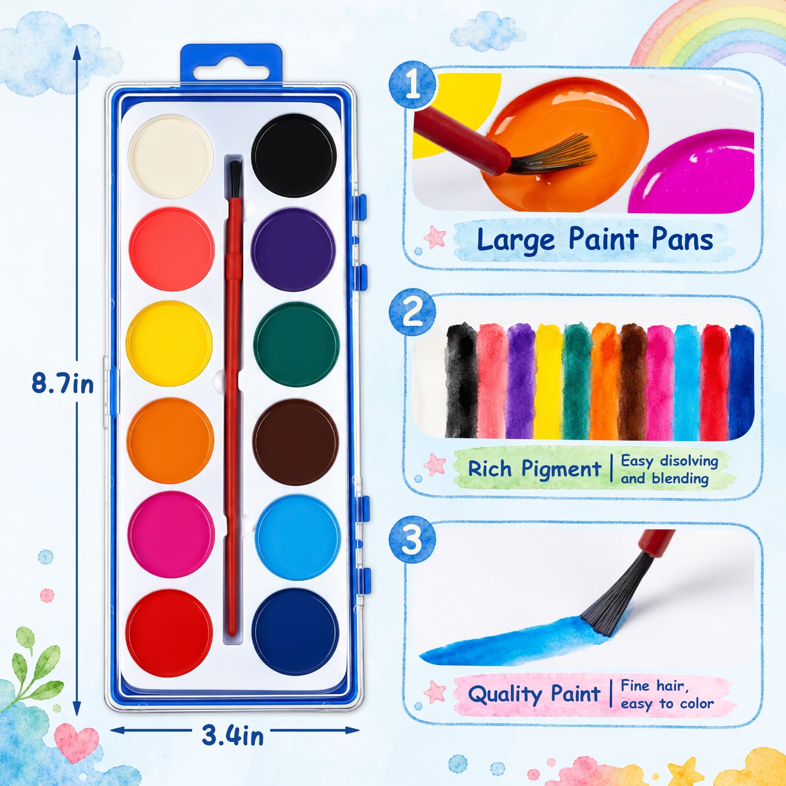 Set di 72 colori ad acquerello, lavabili per bambini, pittura ad acquerello con pennelli, regalo ideale per bomboniere, materiale scolastico e premi in classe, attività artistiche, 12 colori