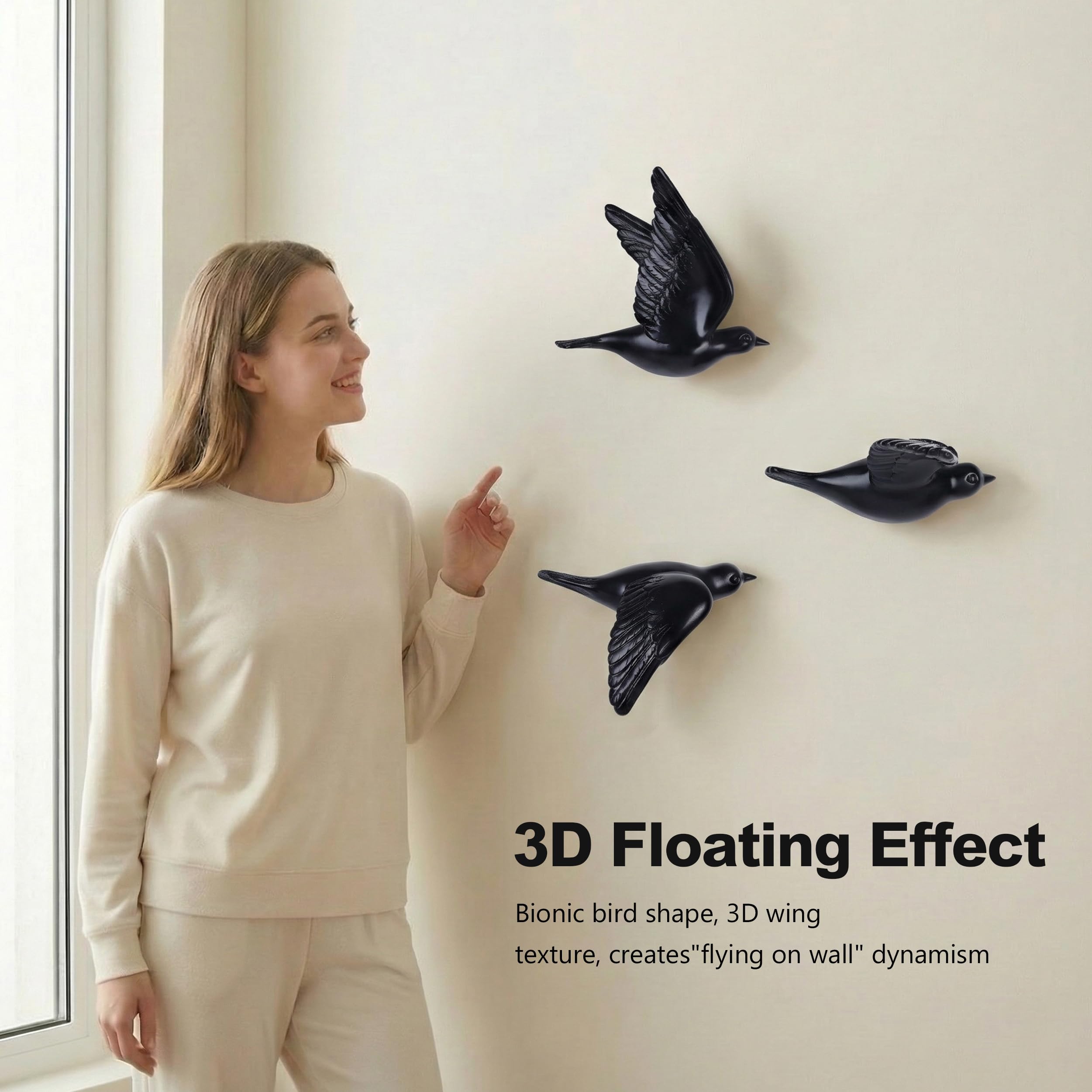 suruim Vogel-Wandskulpturen, 3-teiliges 3D-Wandkunst-Dekor für Wohnzimmer (Schwarz)