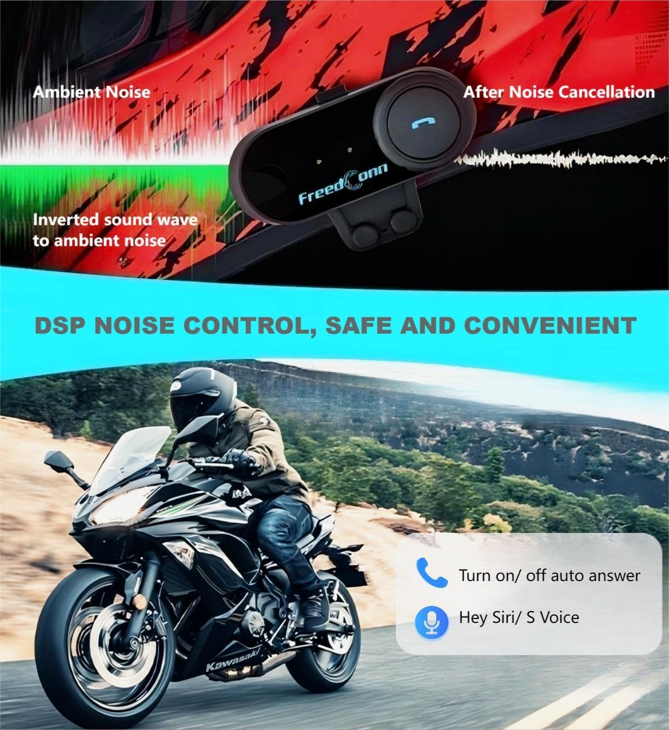 Image illustrating DSP noise control, showing ambient noise being inverted to cancel out background sound, resulting in clear audio. Also shows options for auto-answer and voice assistant activation.