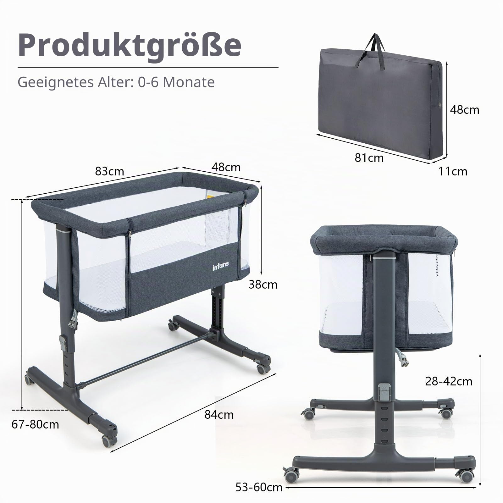LIFEZEAL 3 in 1 Beistellbett, 5-stufig höhenverstellbares Babybett, Babywiege Stubenwagen mit Matratze, Mobiler Reisebett auf Rollen mit Tragetasch, Kinderbett für Baby ab Geburt bis 9 kg (Dunkelgrau)