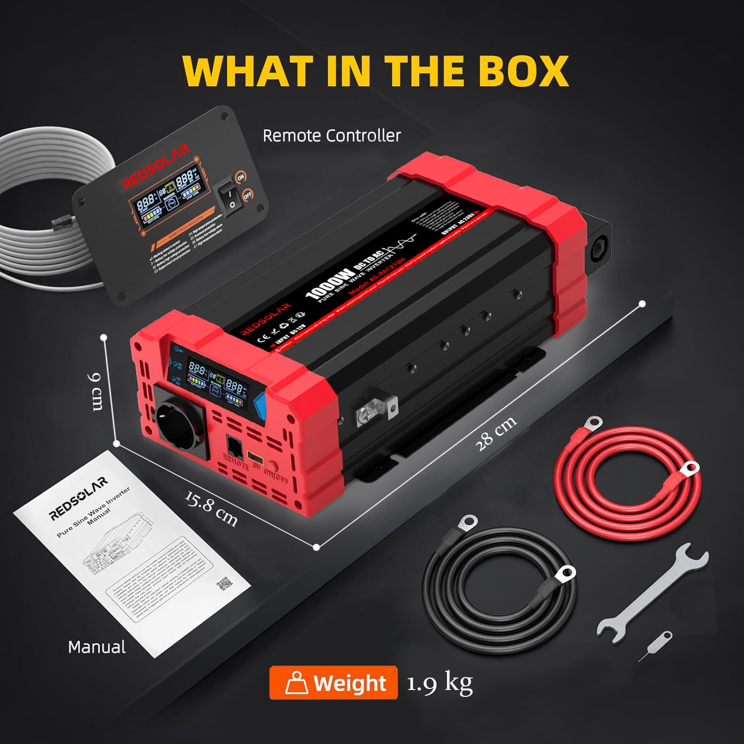 REDSOLAR Inverter Onda Sinusoidale Pura 1000W Picco 2000W Convertitore 12V DC a 220V 230V AC con Display LCD Porta USB Presa EU Pannello Remoto