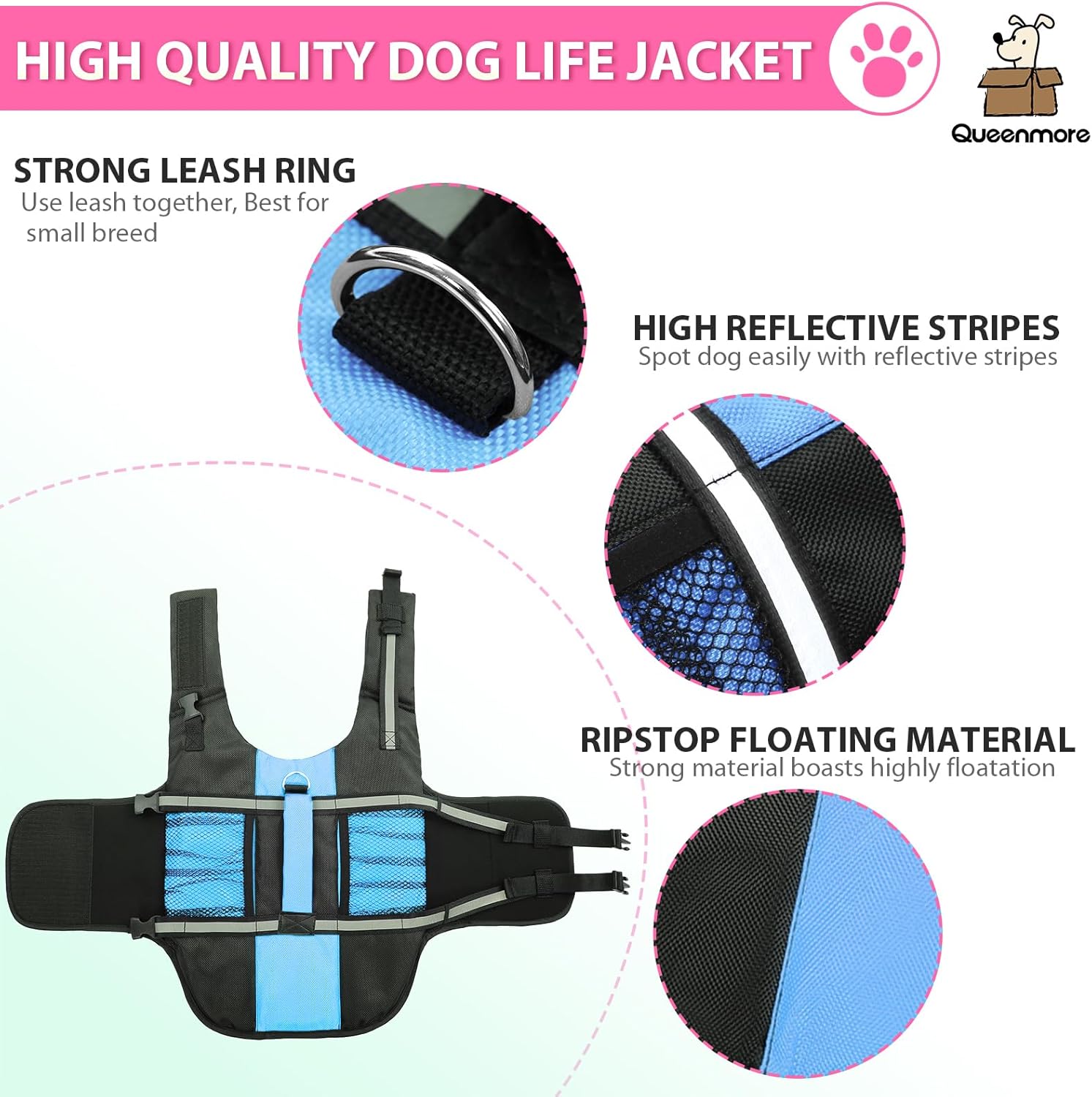 Queenmore Small Dog Life Jacket, Adjustable Pet Life Vest for Small and Medium Dogs with High Buoyancy, Rescue Handle, Reflective Bands for Boating, Canoeing, Swimming