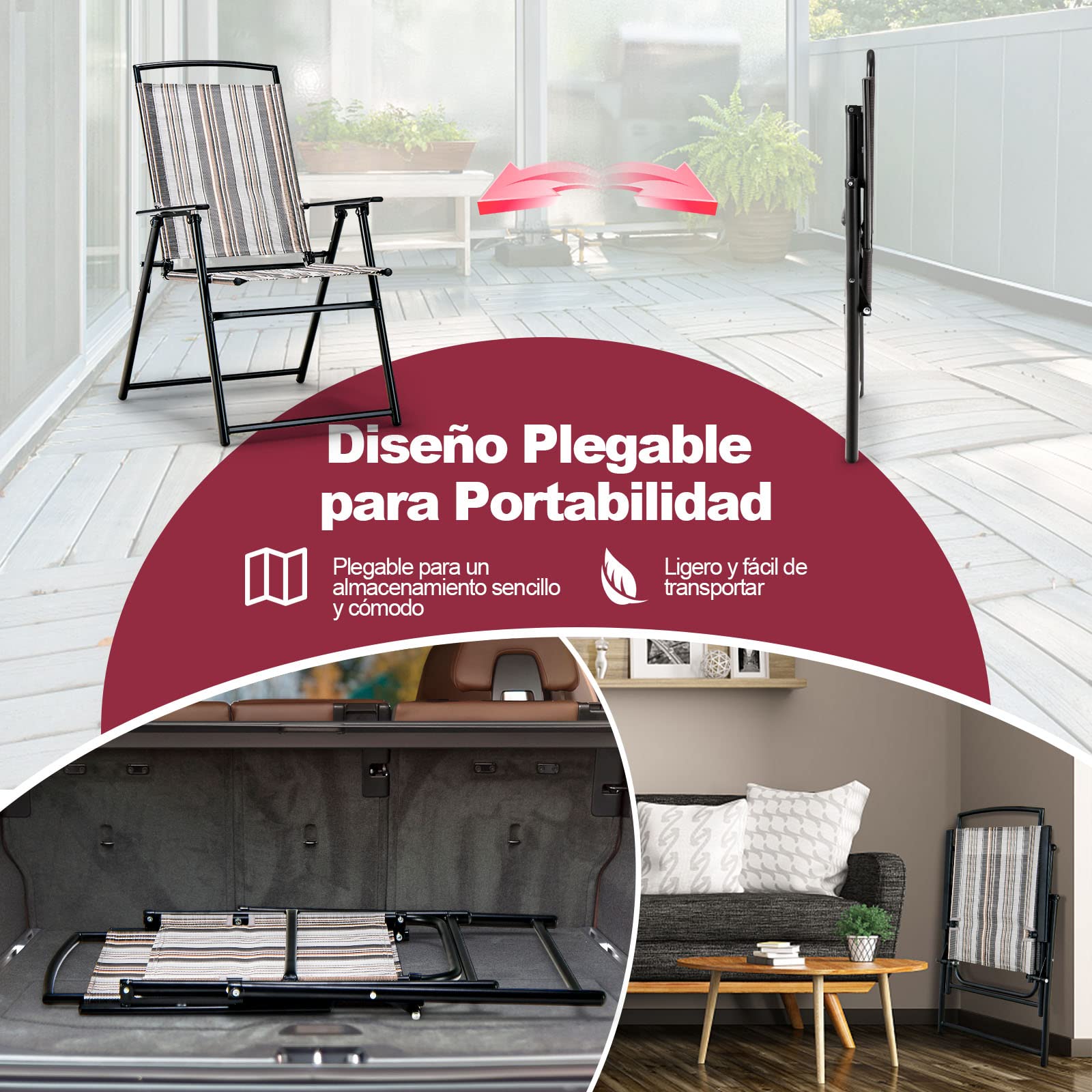 COSTWAY Juego de 2 Sillas de Jardín Plegables, 2 Sillas Terraza Exterior Tejido Transpirable, Respaldos y Reposabrazos, 51 x 61,5 x 92 cm, Sillas de Comedor de Jardín para Exterior