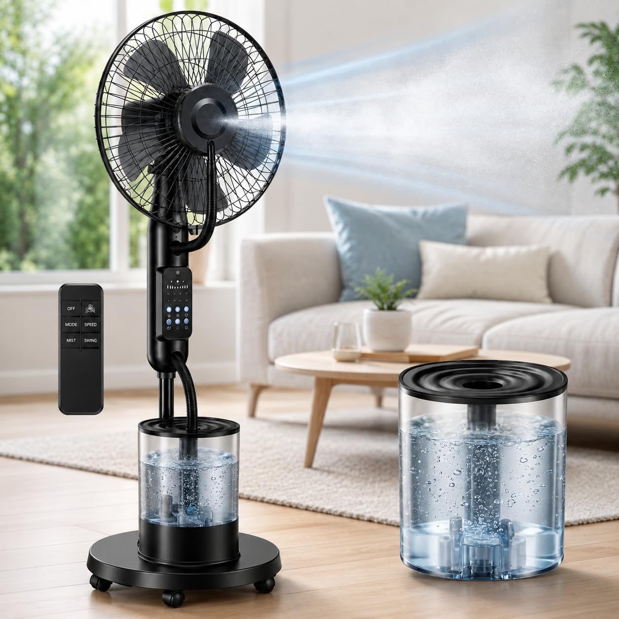 Ventilatore a Piantana Nebulizzatore 4L 2026 con Telecomando, 5 velocità | Ampio Serbatoio Acqua, 3 Modalità Raffreddamento per Casa, Camera, Ufficio, Soggiorno, Garage, Terrazza, Estate Esterni