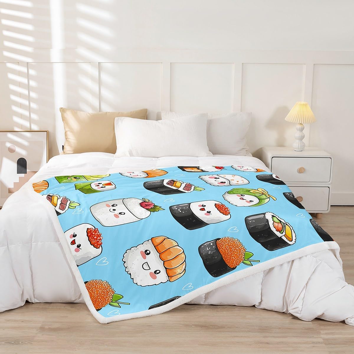 Sushi Pattern Fleece Blanket 60"x80" Kids Cute Bed Blanket for Girls Teens Crib Stroller Decor Cartoon Japanese Style Throw Blanket Soft Microfiber Kawaii Crib Stroller Decor Teal