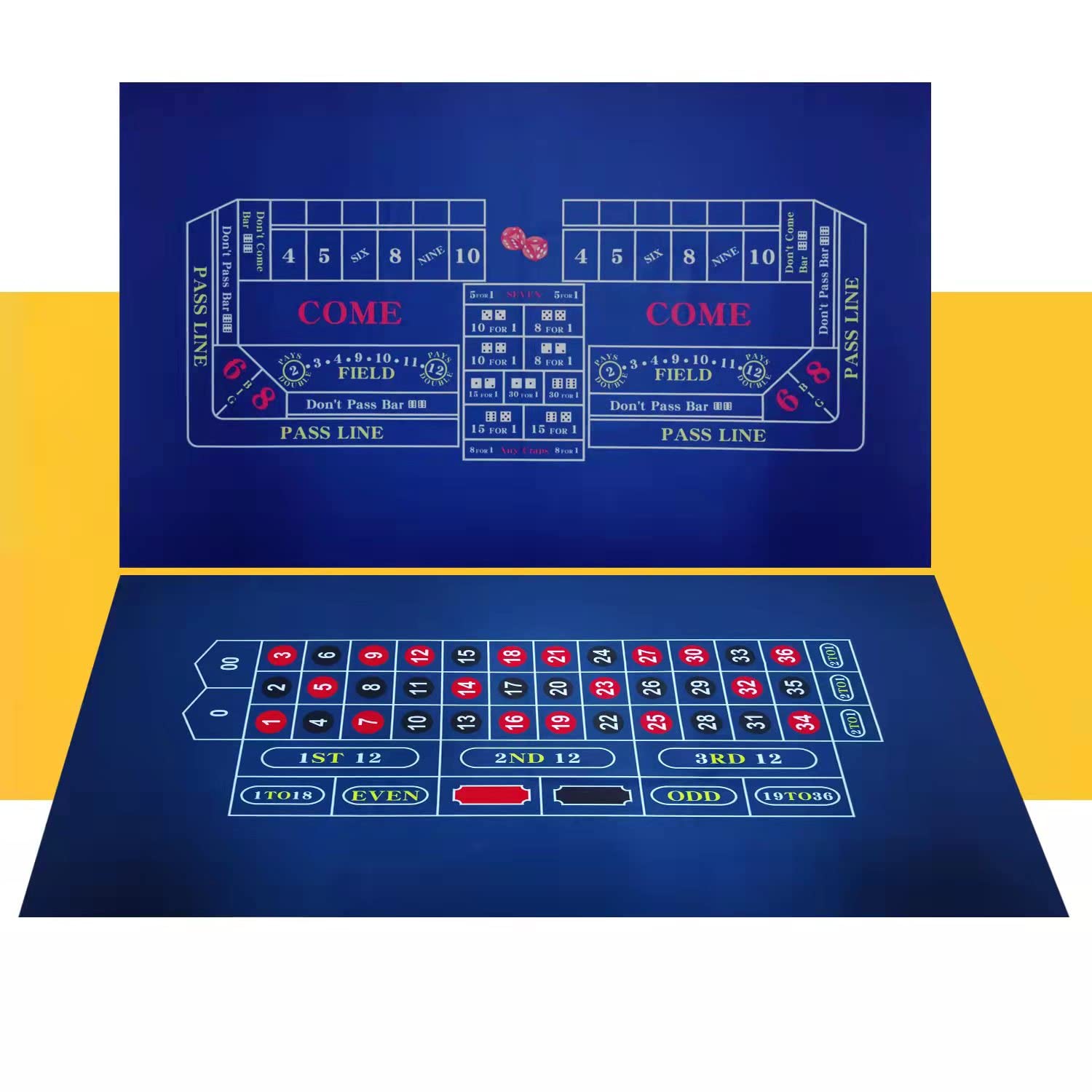 WaLiken “36x18” Double Sided Casino Roulette and Craps Tabletop Felt Layout Mat - Perfect for Casino Game Night (Blue)