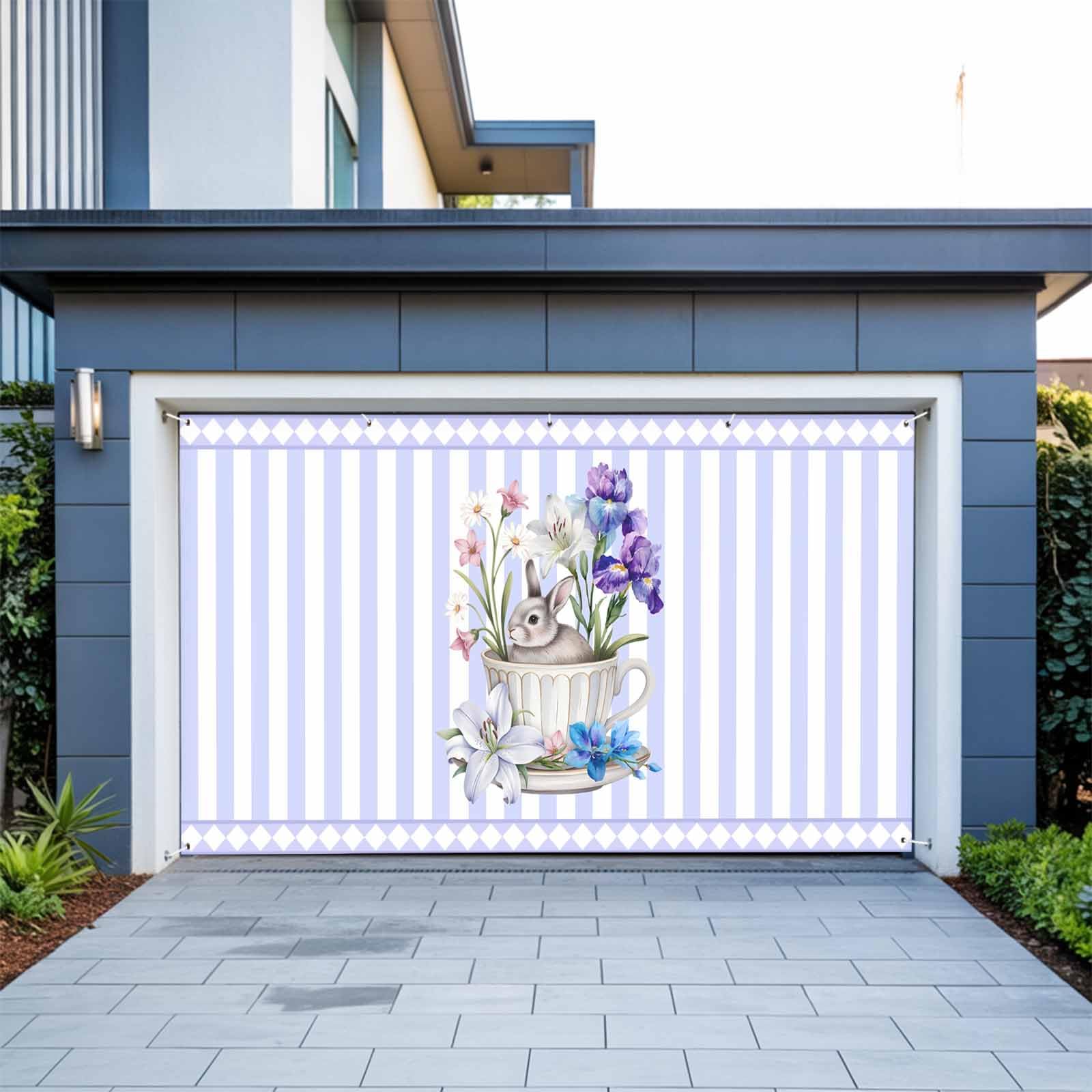 6.9x16ft Garage Door Banner Easter Rabbit in Tea Cup Garage Door Cover, Lilies Purple Stripes Waterproof Weatherproof Background Wall Decor for Party Indoor Outdoor House