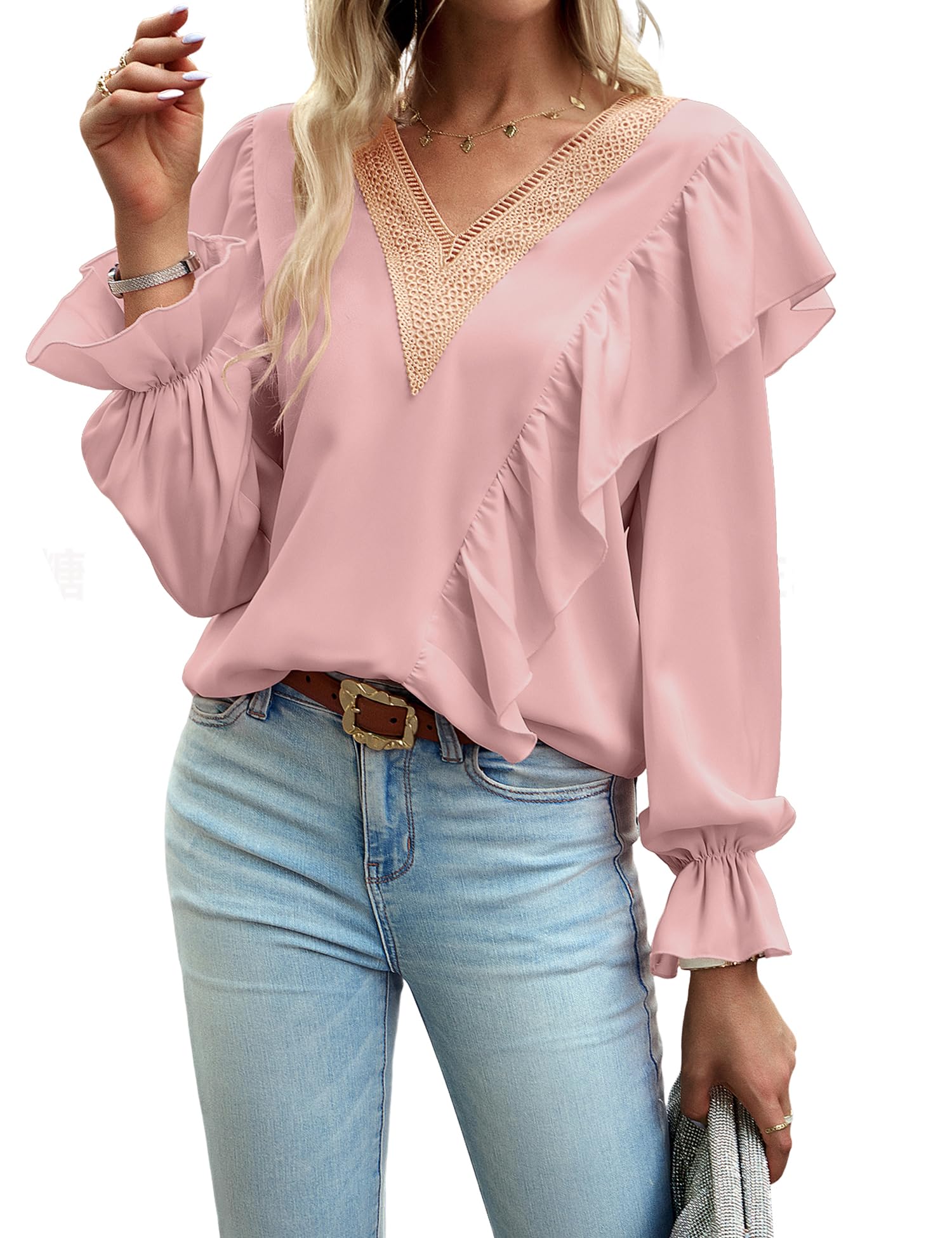 Heersan Blusas de Mujer Elegantes Top Mujer Fiesta Cuello en V Camisetas de Manga Larga Moda Top T-Shirt Casual Sueltas de Mujer（S-XXL）