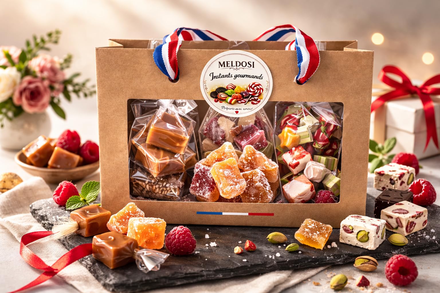 Meldosi Assortiment de Bonbons Traditionnels Français – Confiseries Artisanales, Pâtes de Fruits, Nougats, Caramels – Sachet coffret gourmand Élégant Prêt à Offrir