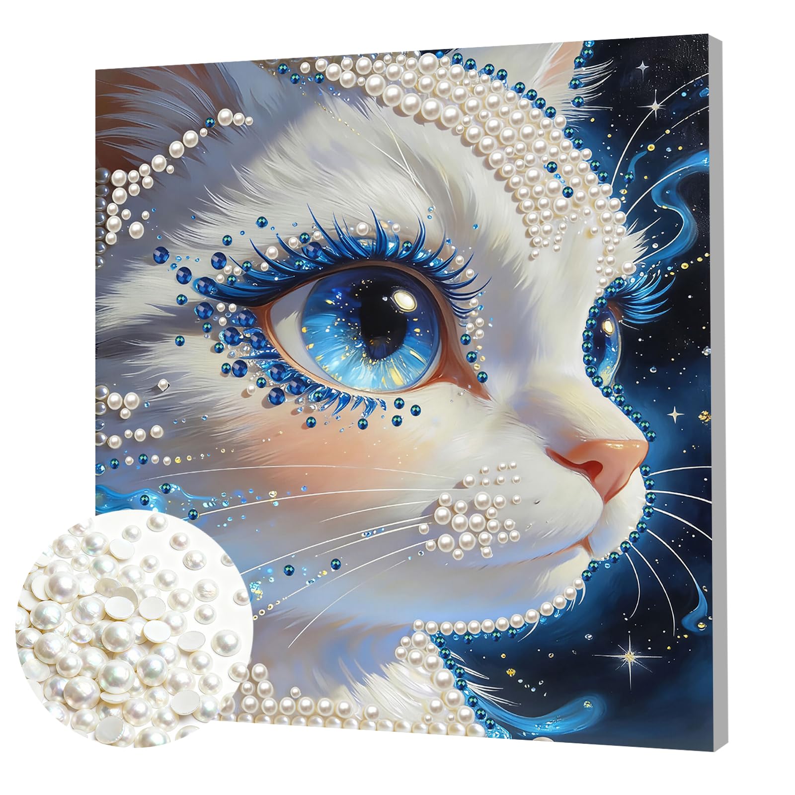 DIY Pearl Painting Kit with Wooden Frame, 3D Plastic Pearl Gemstone Ocean Art Craft for Adults Beginners, Diamond Dot Painting, Home Wall Decor Ready Gift for Women(Kitten)(30 * 30cm)