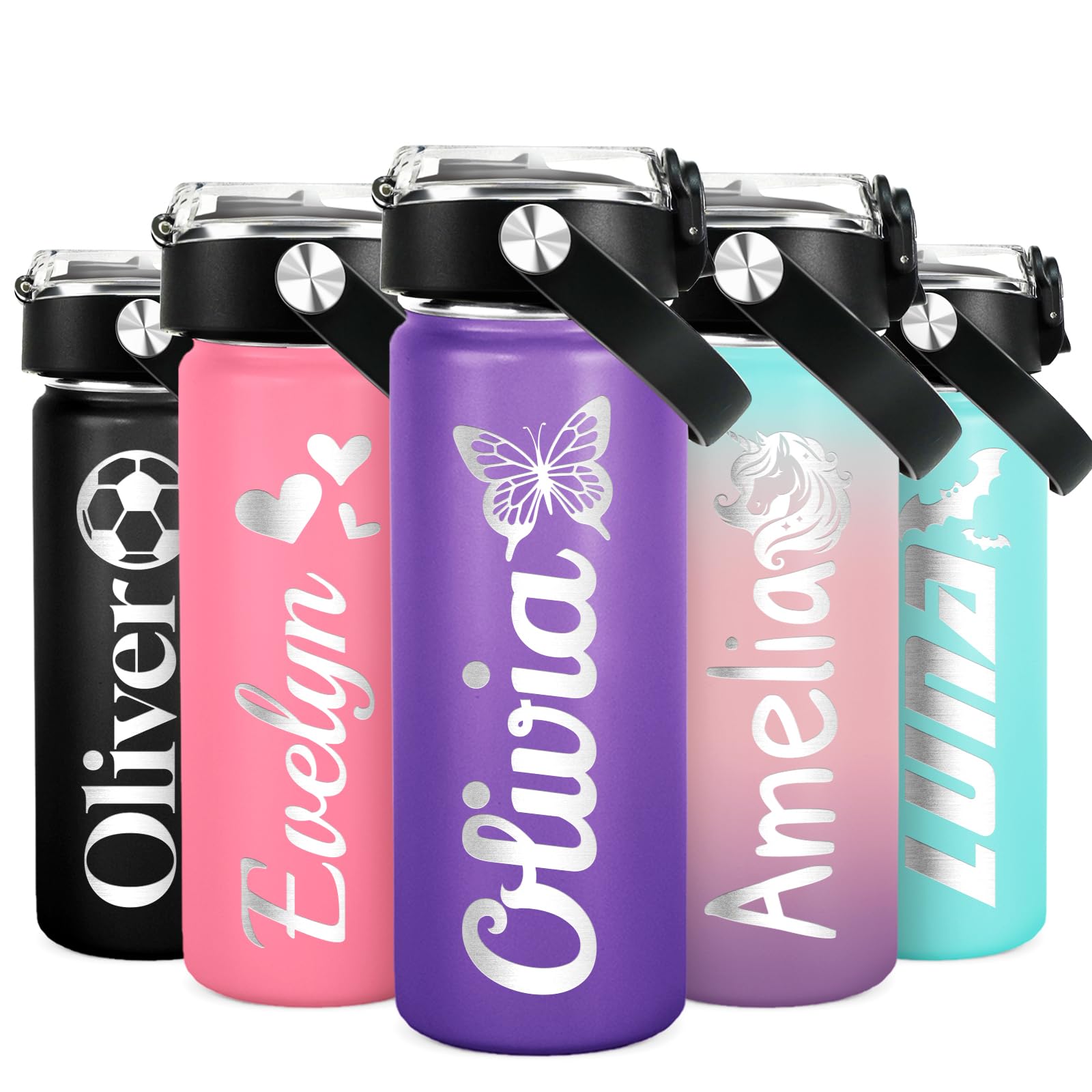 Personalized Water Bottles for Kids Custom Water Cups with Name and 25 Icon Engraved 18 oz - 16