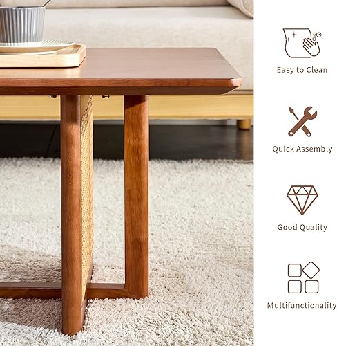 Miniatura 4 de LKTART Mesa auxiliar para sala de estar, mesa rectangular de madera maciza, moderna mesa de centro de ratán de imitación, patas cruzadas, mesa de té