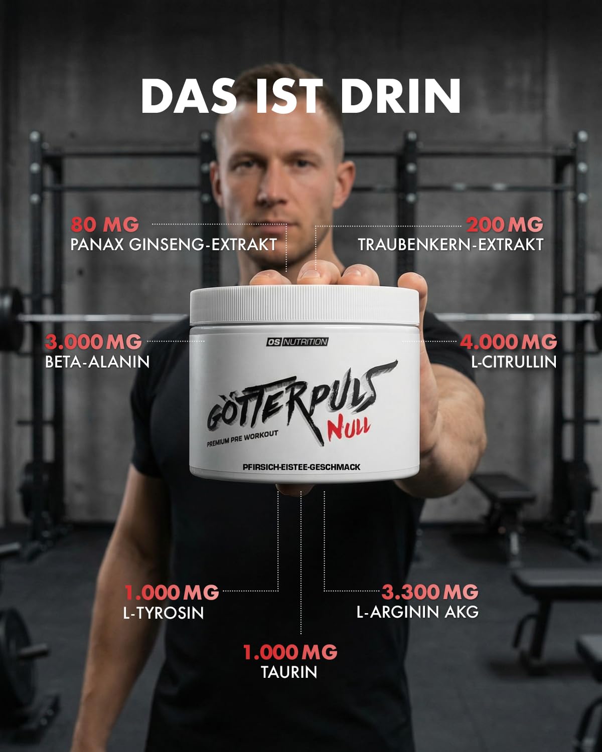 Götterpuls NULL Pre Workout (koffeinfrei) 300g Pulver Pfirsich-Eistee | Mit L-Citrullin, AAKG, L-Tyrosin & Beta-Alanin – Für Kraftsportler – Vegan – Ideal für abends – 20 Portionen