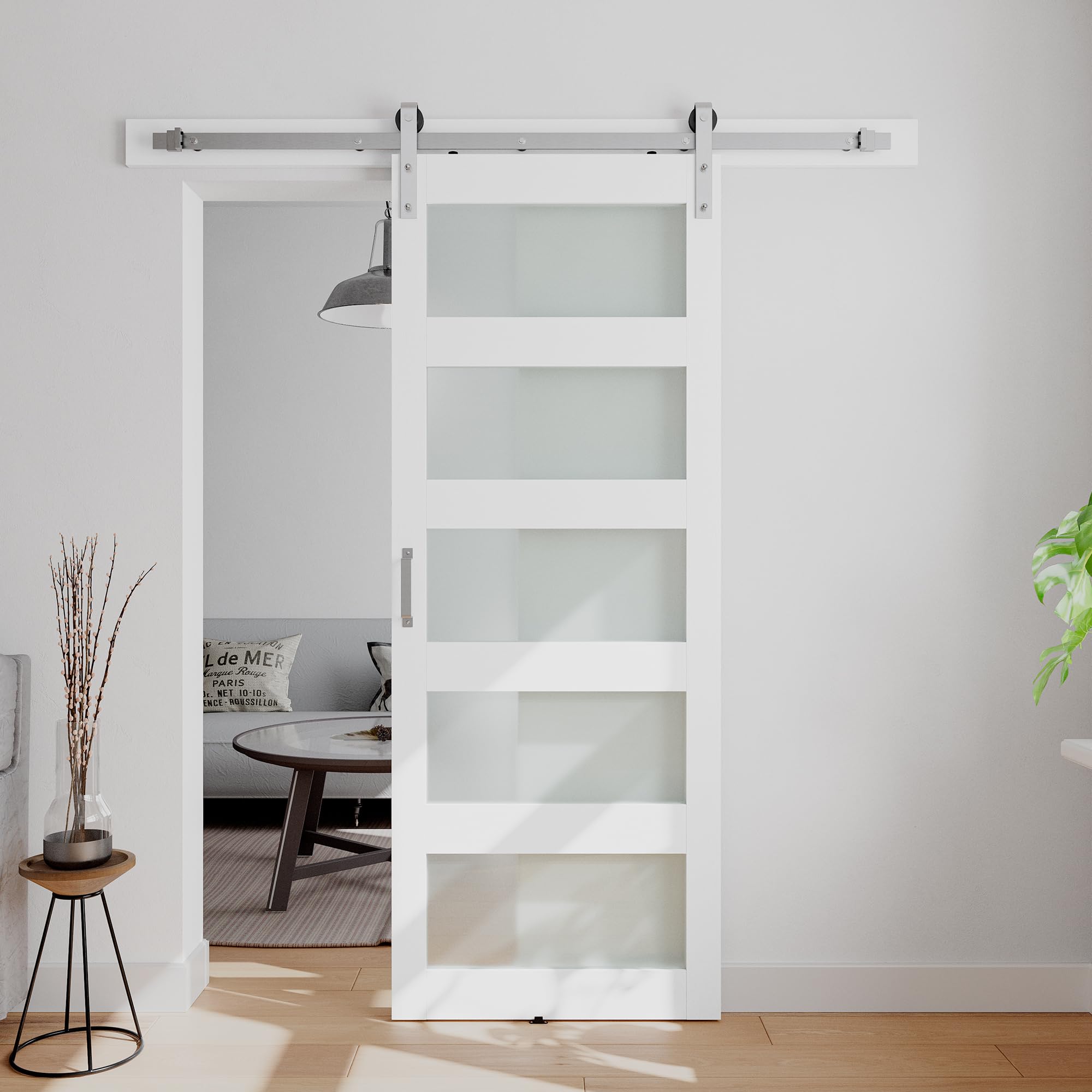 COSHOMER 32x84 Frosted Glass Barn Door with Hardware