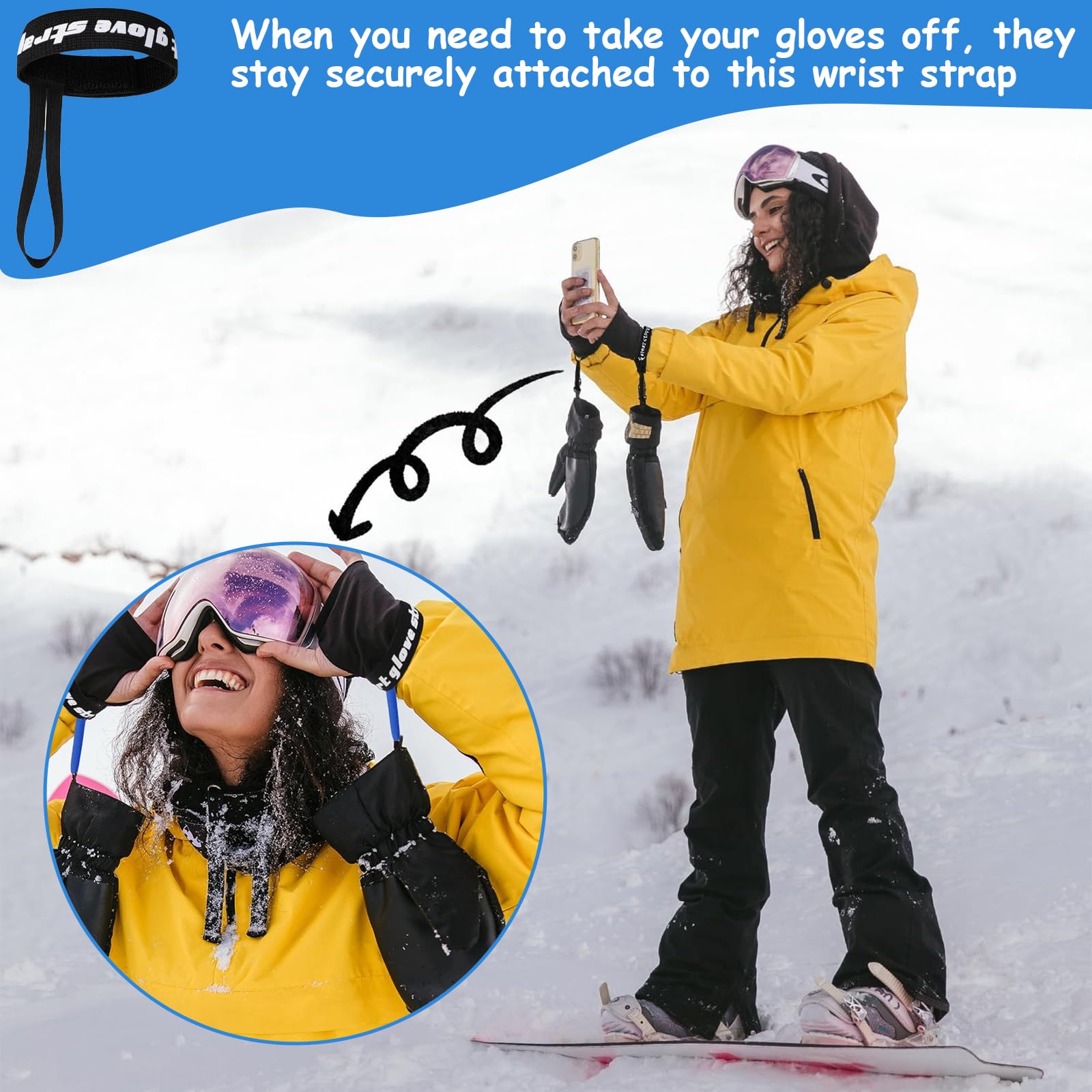Cinghie per Guanti da Sci Regolabili 6 Pezzi in Nylon e Poliestere Elasticizzato 25,4cm x 2,5cm Nere con Cinturino a Strappo per Escursioni, Sci, Snowboard, Sport Invernali