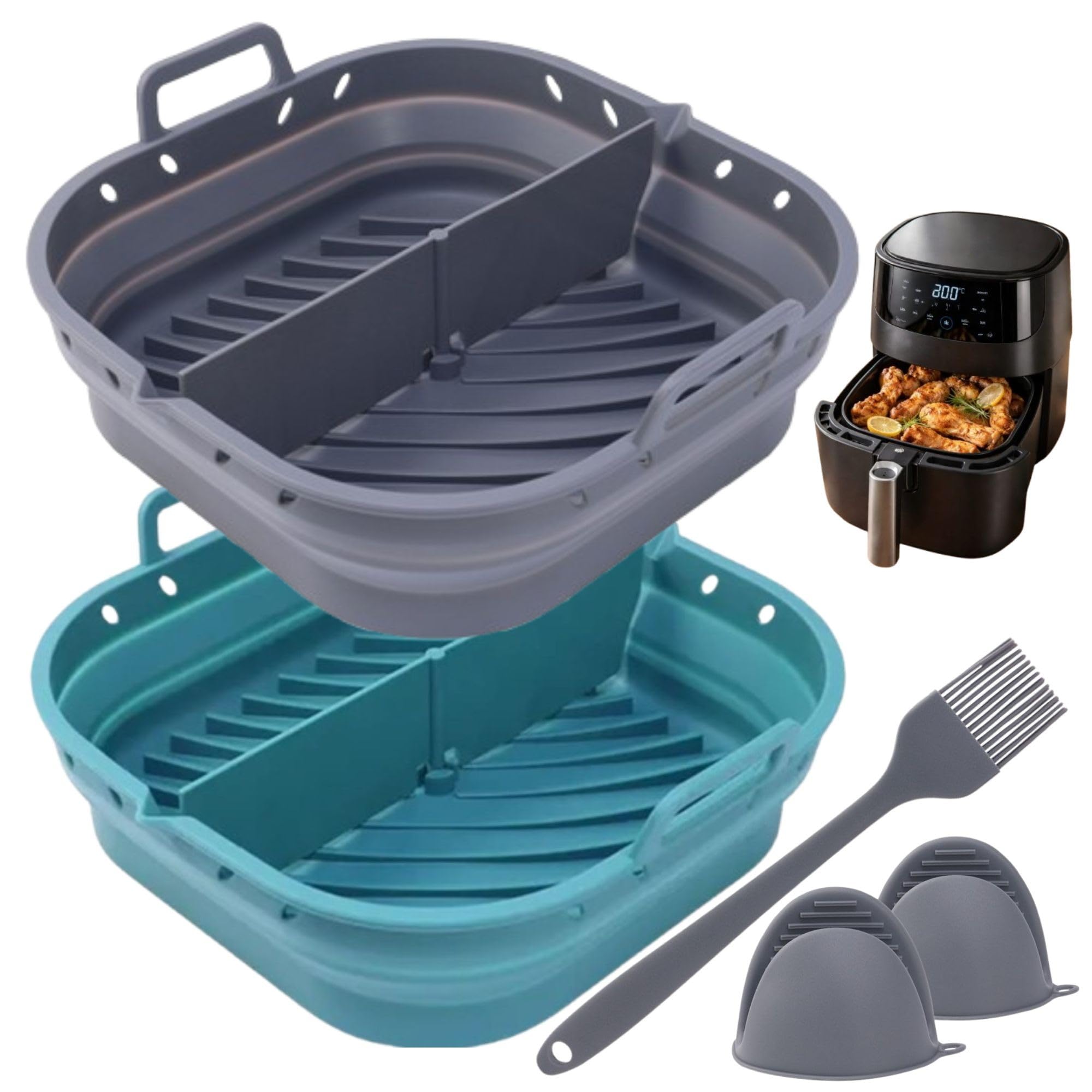 Moldes Silicona Air Fryer – Complementos Freidora de Aire Antiadherente | Set 2 Cestas + Brocha + Agarraderas BPA Free | Accesorios Airfryer Reutilizables 5,5L a 8L | Fácil Limpieza