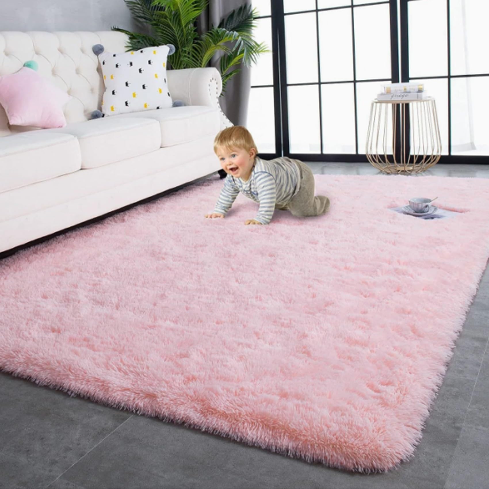 Tapis de salon rose clair 120x220 cm rectangulaire et lavable pour chambre moderne