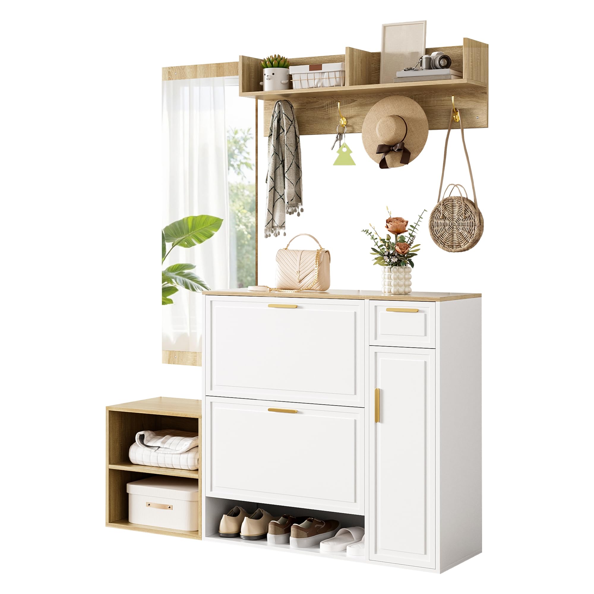 Shye Set di 4 appendiabiti, con scarpiera, panchina, appendiabiti da parete e specchio, set completo di mobili per corridoio e ingresso, dimensioni: 139,5 x 35 x 166 cm (larghezza x profondità x