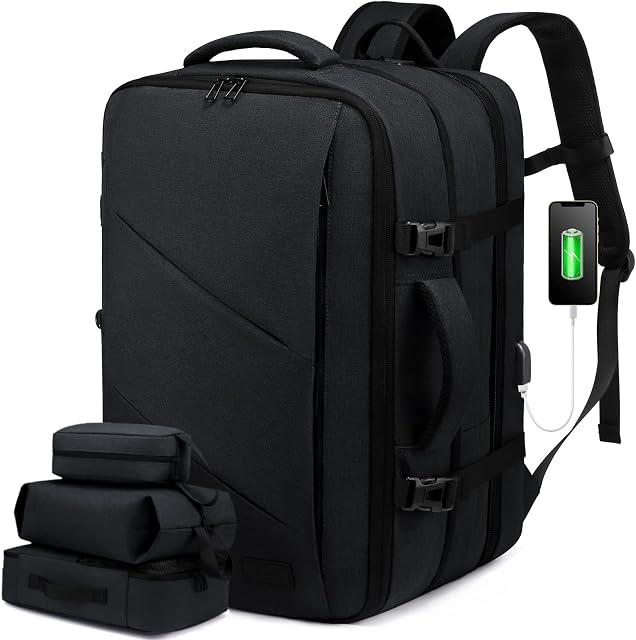 LOVEVOOK Travel Backpack Men Women Cabin Size, Large Expandable Carry on 40L Backpack, Flight Approved Hand Luggage Backpack, Anti-theft Laptop Rucksack 17 Inch, Weekender Hiking Bag, Black