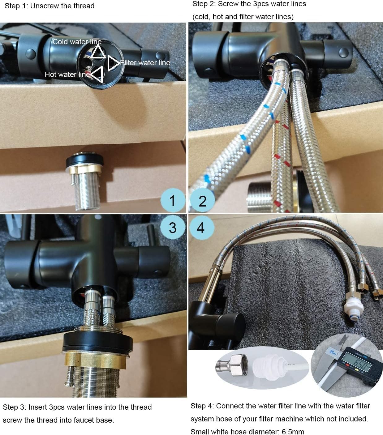 Trinkwasserhahn, Küchenspüle, Wasserhahn mit herausziehbarem Sprüher, 3-in-1-Wasserfilter-Reiniger-Armaturen, strapazierfähig, kommerzieller Stil, Küchenarmatur, mattschwarzer Filter
