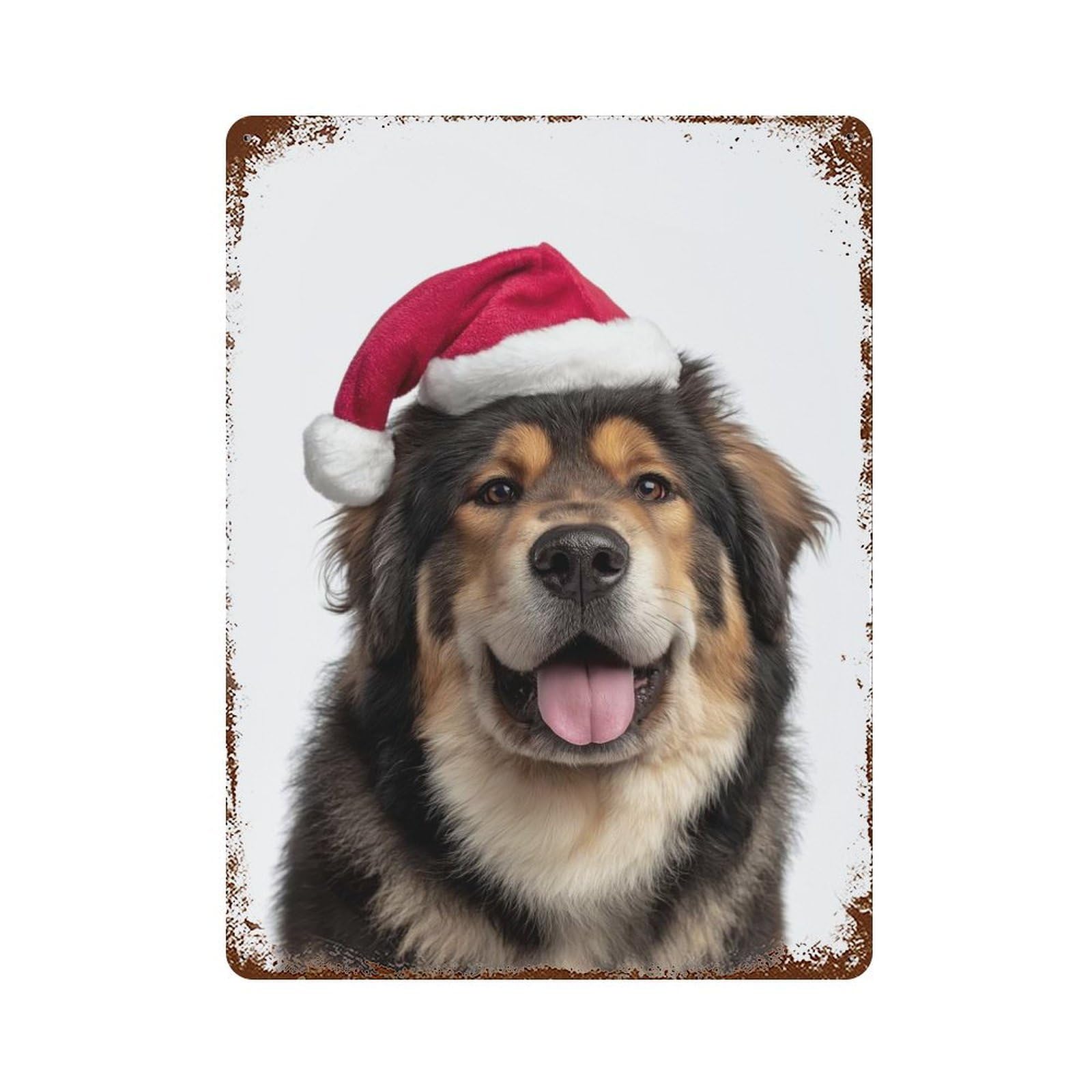 Tibetan Mastiff Dog with Santa Hat Portrait Vintage Wall Sign 15.7"x11.8", Rust Effect Metal Decor for Farmhouse, Kitchen And Entryway Decor