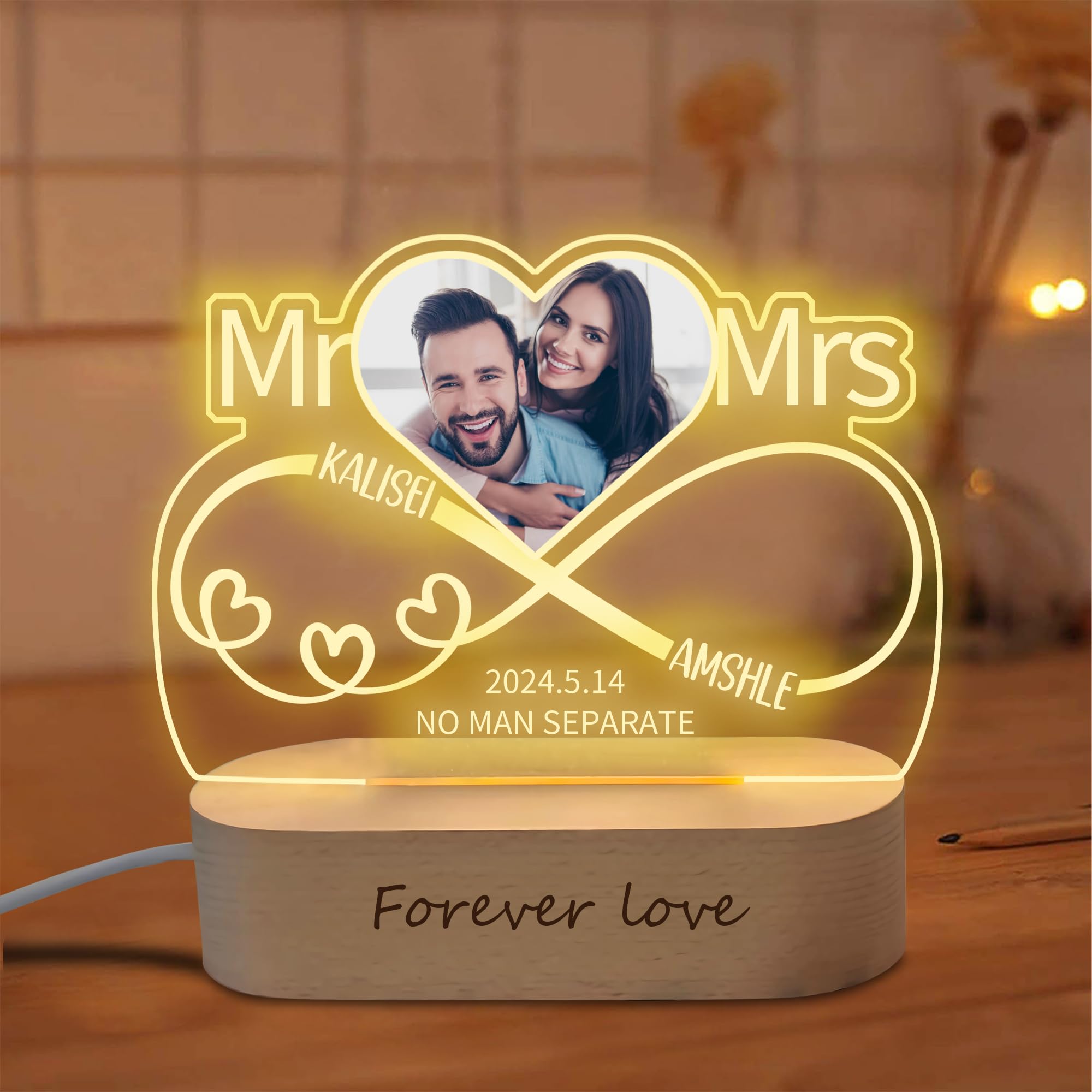 MHJUFGD Personalised Couple Photo Light Custom Name Date Text Light Up Picture Frame Mr & Mrs Acrylic Heart Photo Lamp Romantic Gift for Lover Girlfriend Wife Birthday Valentine's Day (Style 2)