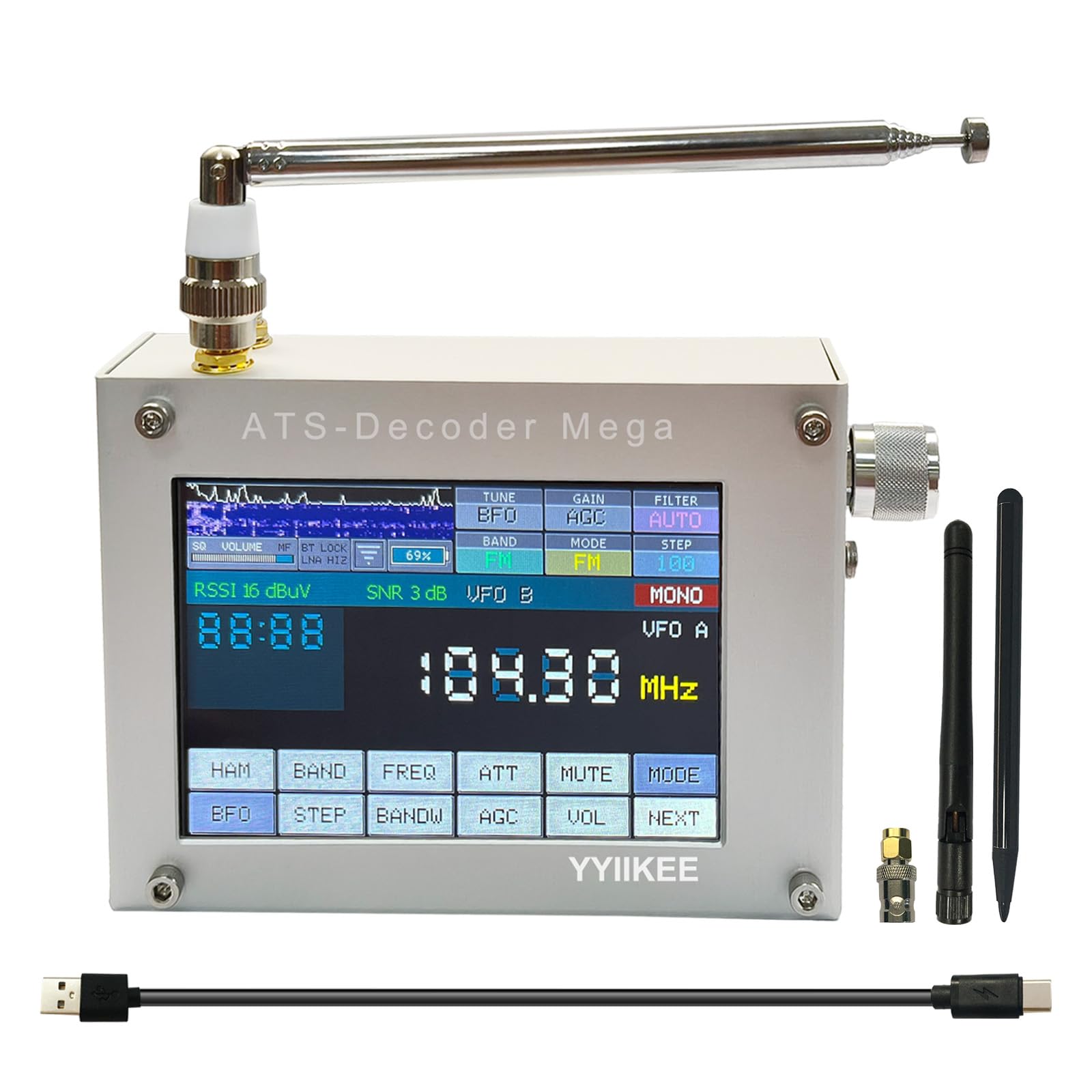 Upgraded ATS-Decoder Mega SDR Radio Receiver 4" Touch Color Screen SI4735D60 High-Sensitivity Chip AM FM SYNC SSB CW DIGI Built-in 4000mAh Battery Aluminum Alloy Housing, Stereo Speakers