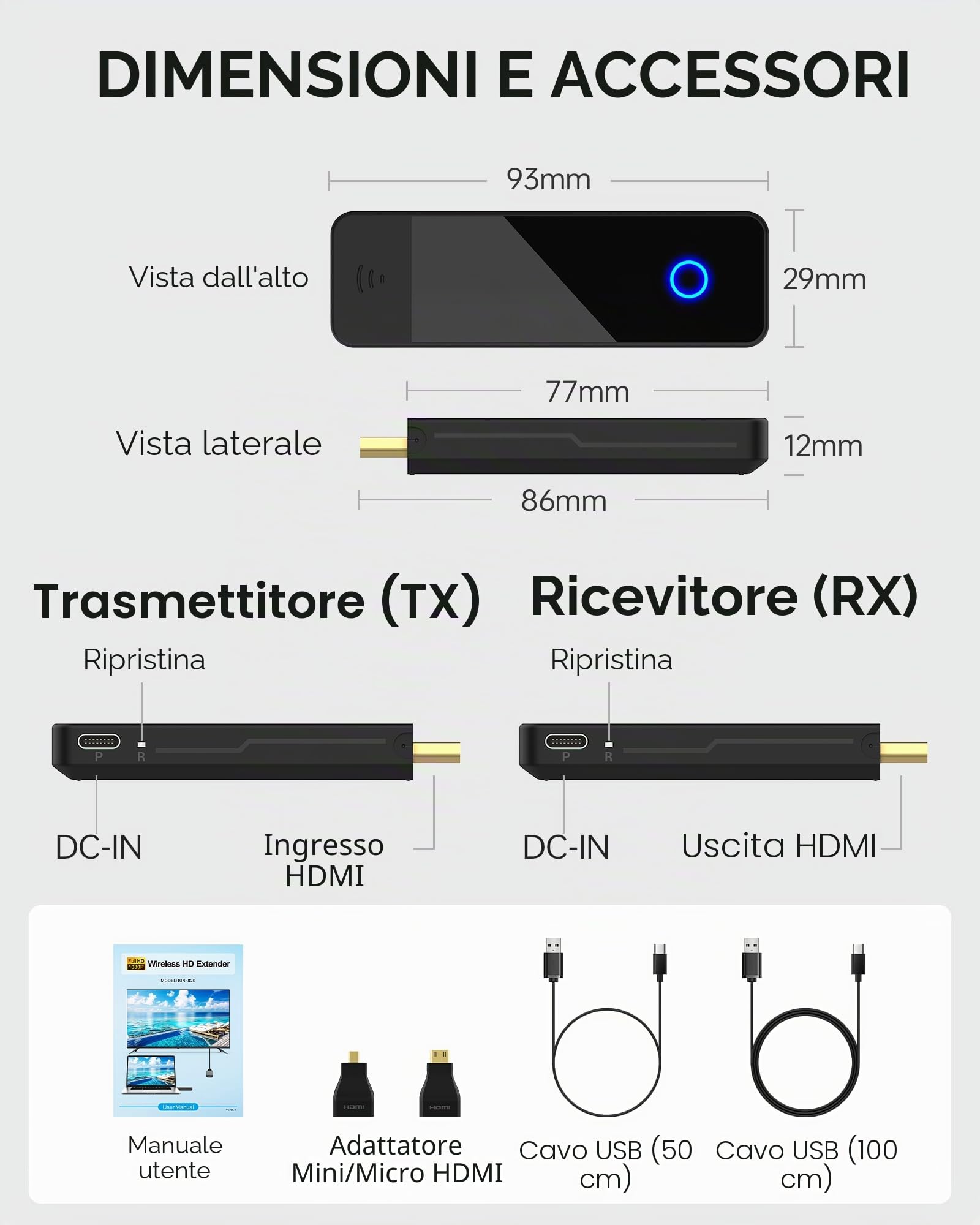 Trasmettitore e ricevitore HDMI wireless – 4K Decoding 1080P 60HZ Output, Dual Band 2.4/5GHz, 98FT, Streaming Video Audio da laptop, PC, STB, Camera a TV, proiettore, monitor (nero)