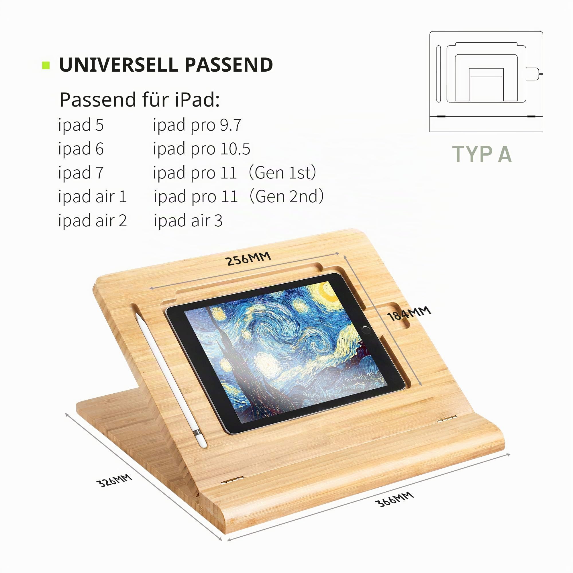 ELETIUO Tablet-Ständer, verstellbar, faltbar, mehrere Winkel, Bambusholz, Organizer, Schreibtischhalter für iPad, stabil zum Zeichnen, Ansehen, Tippen (unterstützt mehrere Geräte)