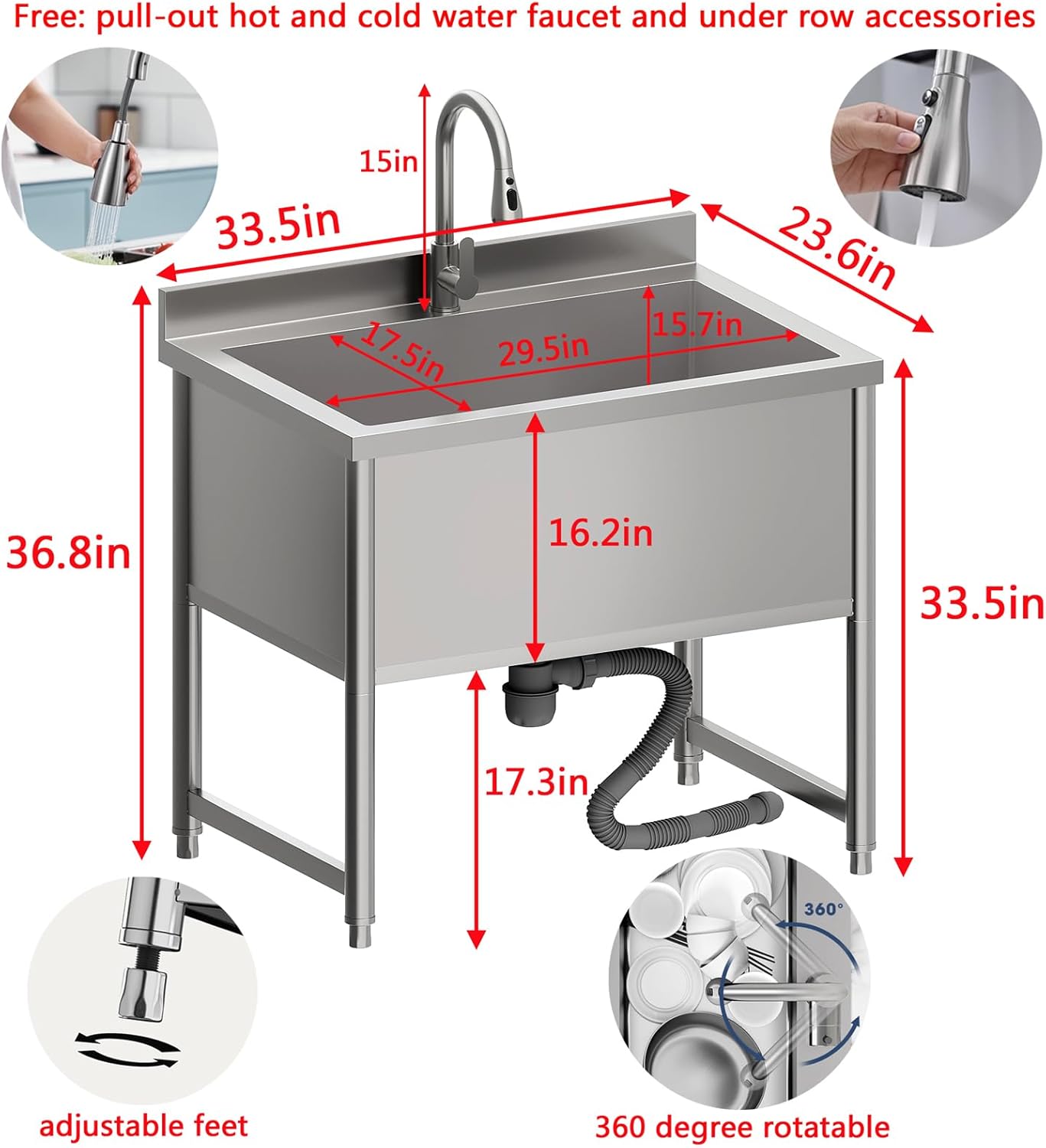Stainless Steel Commercial Restaurant Sink, Freestanding Large Commercial Sink with Pull-out Faucet for Kitchen Dishwashing, Thawing, Pet Cleaning, Laundry Room, 35 Gallon, 23.6"D x 33.5"W x 36.8"H