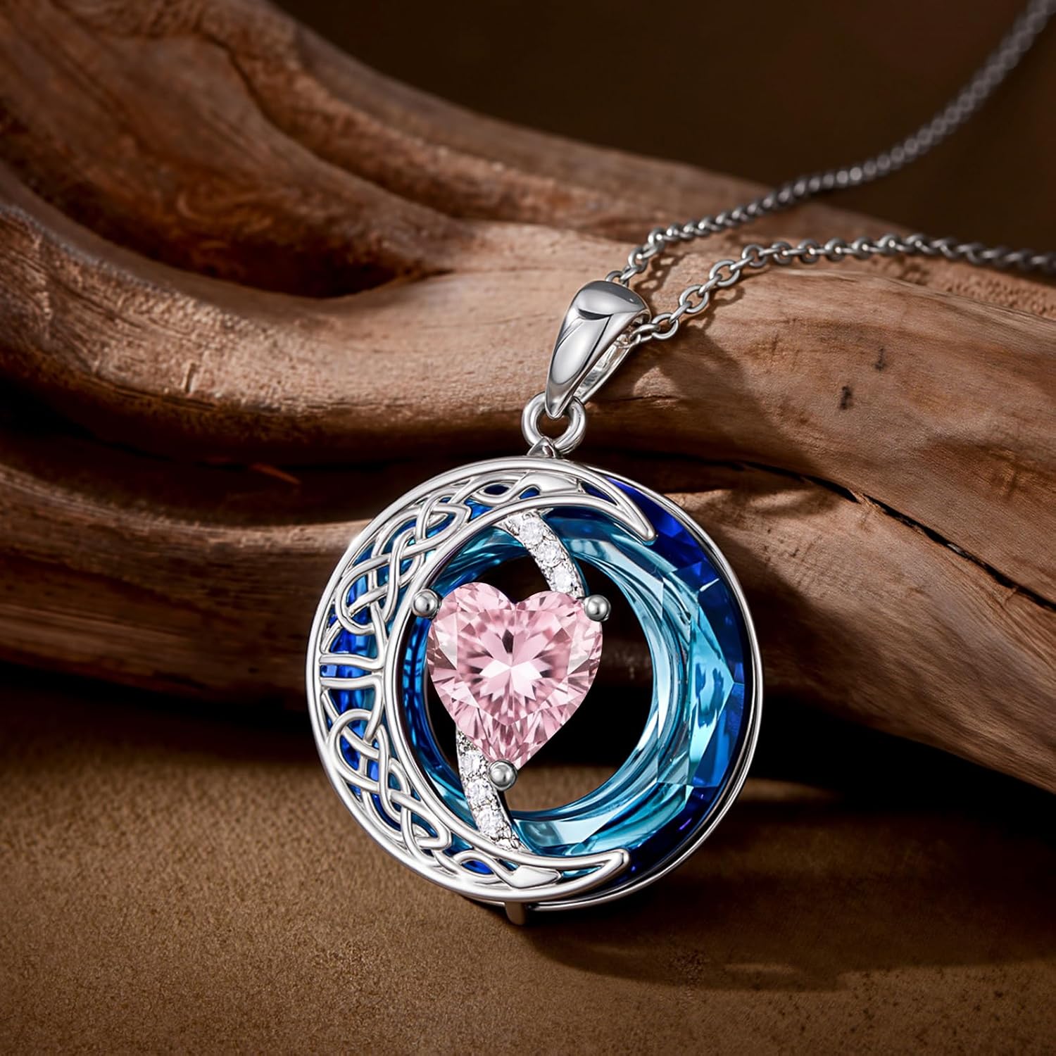 Valentines Day Gifts for Women, Birthstone Necklace for Women, Celtic Moon Pendant Blue Crystal Necklace Heart Jewelry Anniversary Jewelry Gift for Daughter Wife Mother Sister - Image 5