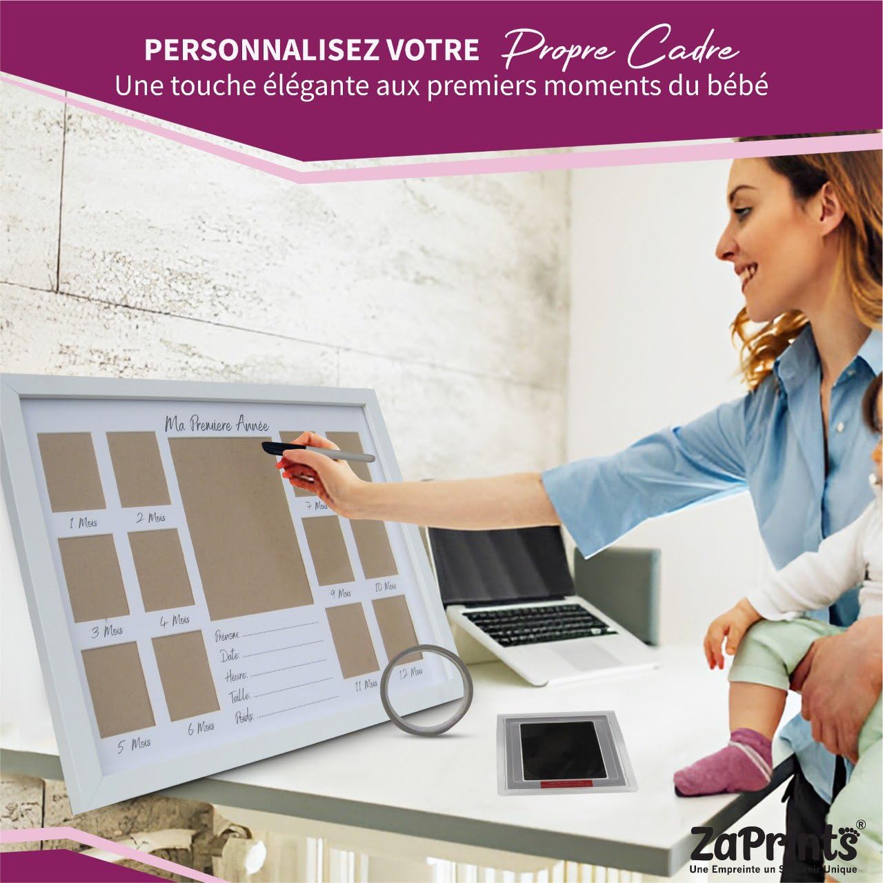 Cadre Photo Souvenir de la Première Année Bébé - 12 photos Pêle Mêle - Kit Empreinte Bébé - Cadeau Naissance Personnalisé - Décoration Cadre Chambre Bebe - Coffret Cadeau- En Français