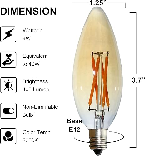 Miniatura 2 de Paquete de 12 bombillas LED Edison C32, 4 W equivalentes a 40 W, luz cálida, base E12, bombilla de vela de vidrio ámbar vintage para lámpara