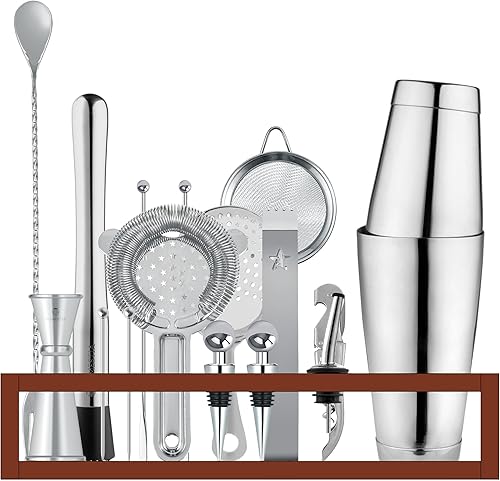 Homestia Juego de coctelera Boston de 18 piezas, kit de barman con soporte, juego de coctelera Boston, juego de coctelera de bebidas, kit de
