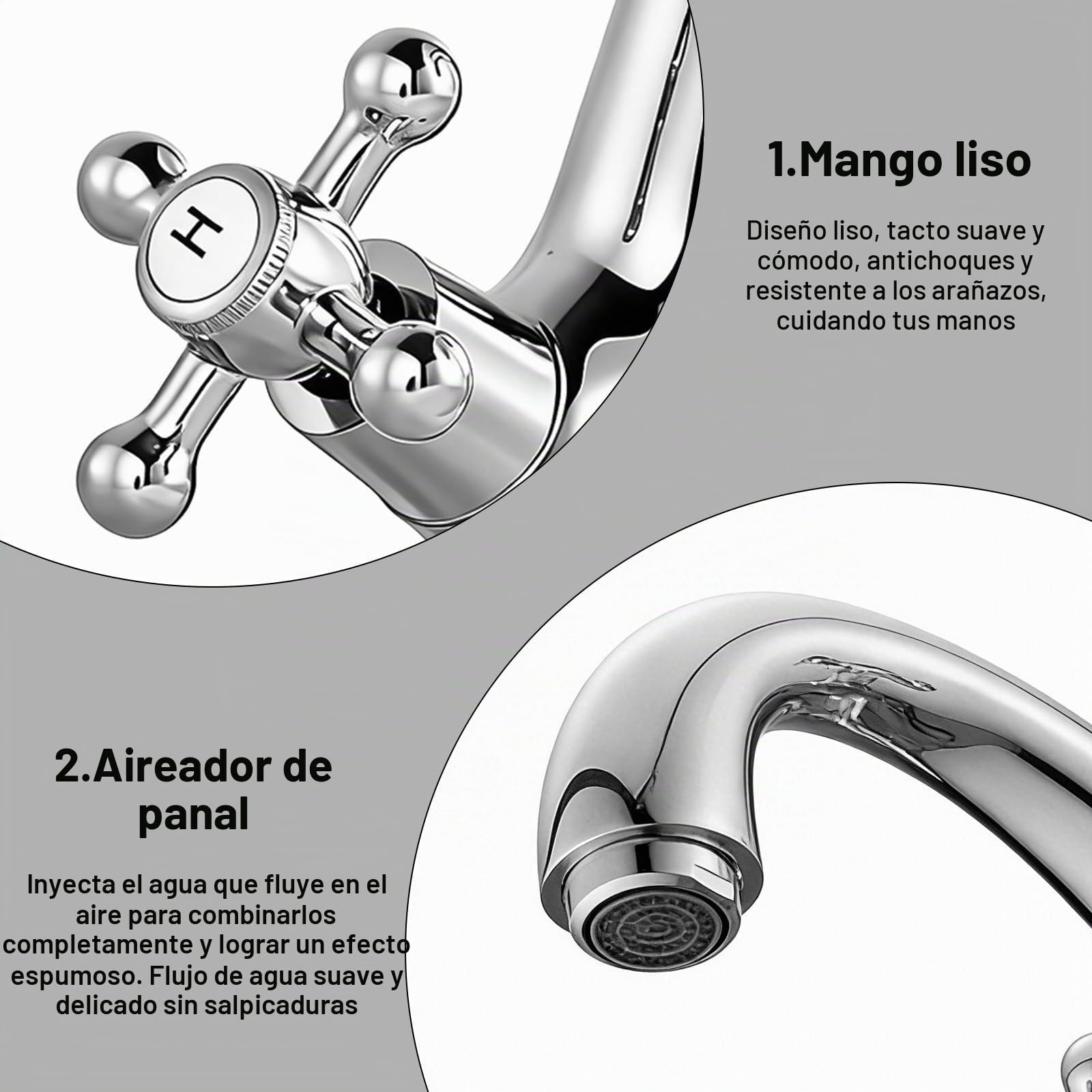 Grifo de baño, grifo mezclador de lavabo, grifo retro con dos asas, grifo de lavabo retro de 2 manijas, lavabo con caño altura 100 mm, 2 mangueras de 60 cm
